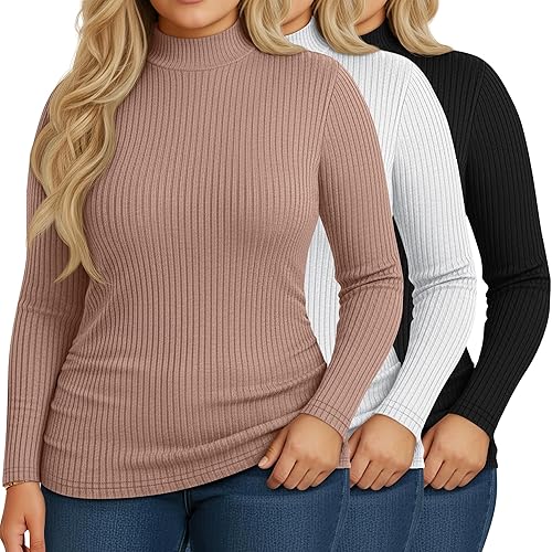 Riyiper 3 Pack Women's Ribbed Plus Size Mock Turtleneck Tops,