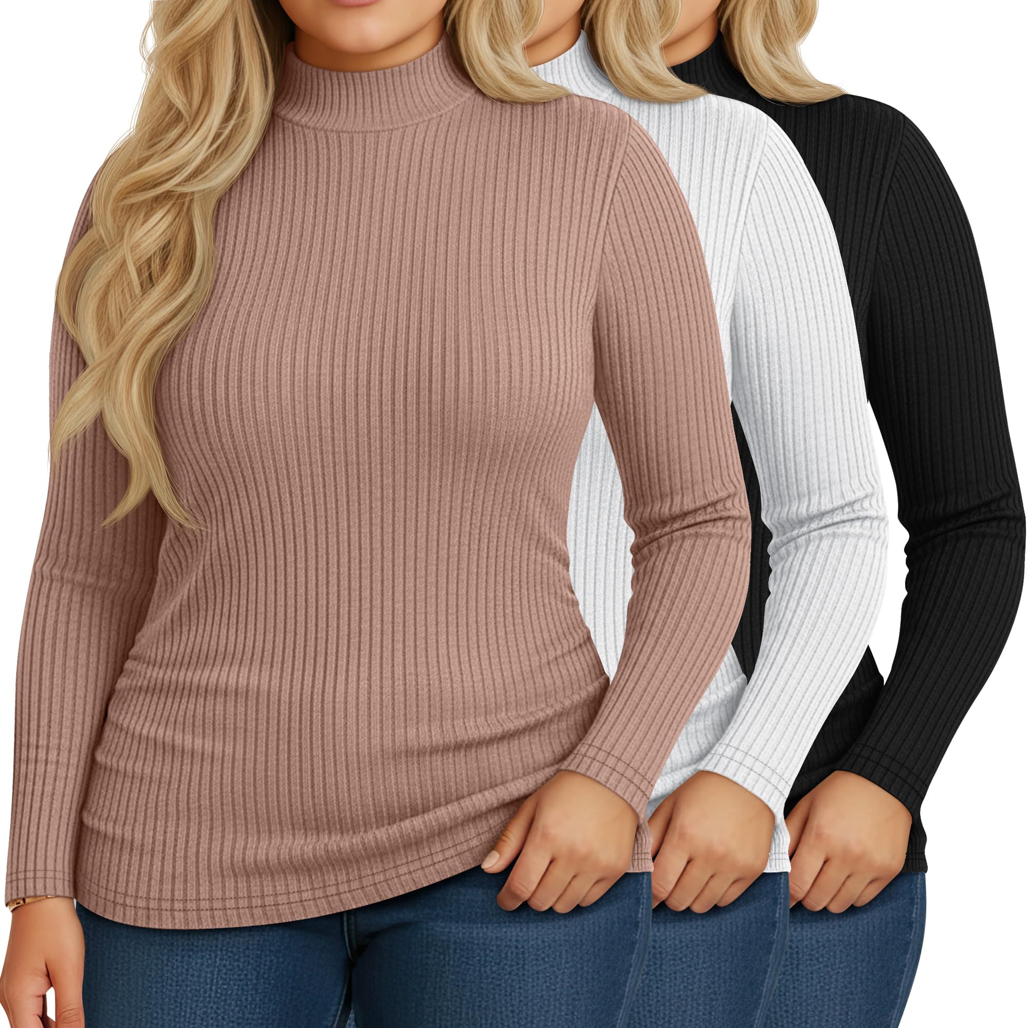 Riyiper 3 Pack Womens Plus Size Turtleneck Top Ribbed Base Layer