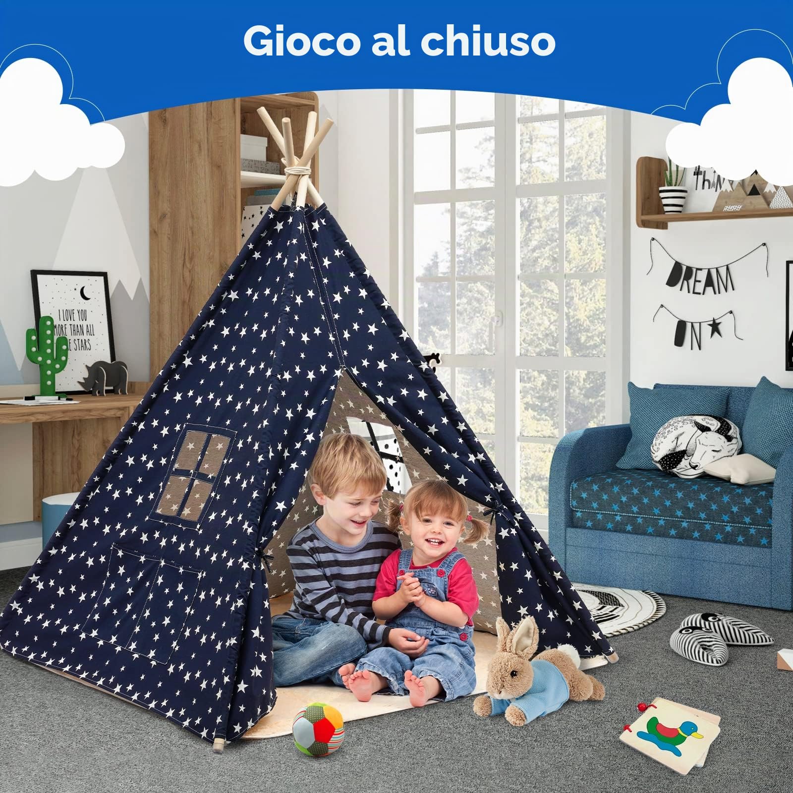 Teepee Tenda per Bambini Tenda Indiano con Tappetino in Peluche, Tenda da Gioco Portatile Tenda da Gioco Castello Giochi per casette per Ragazzi e Ragazze