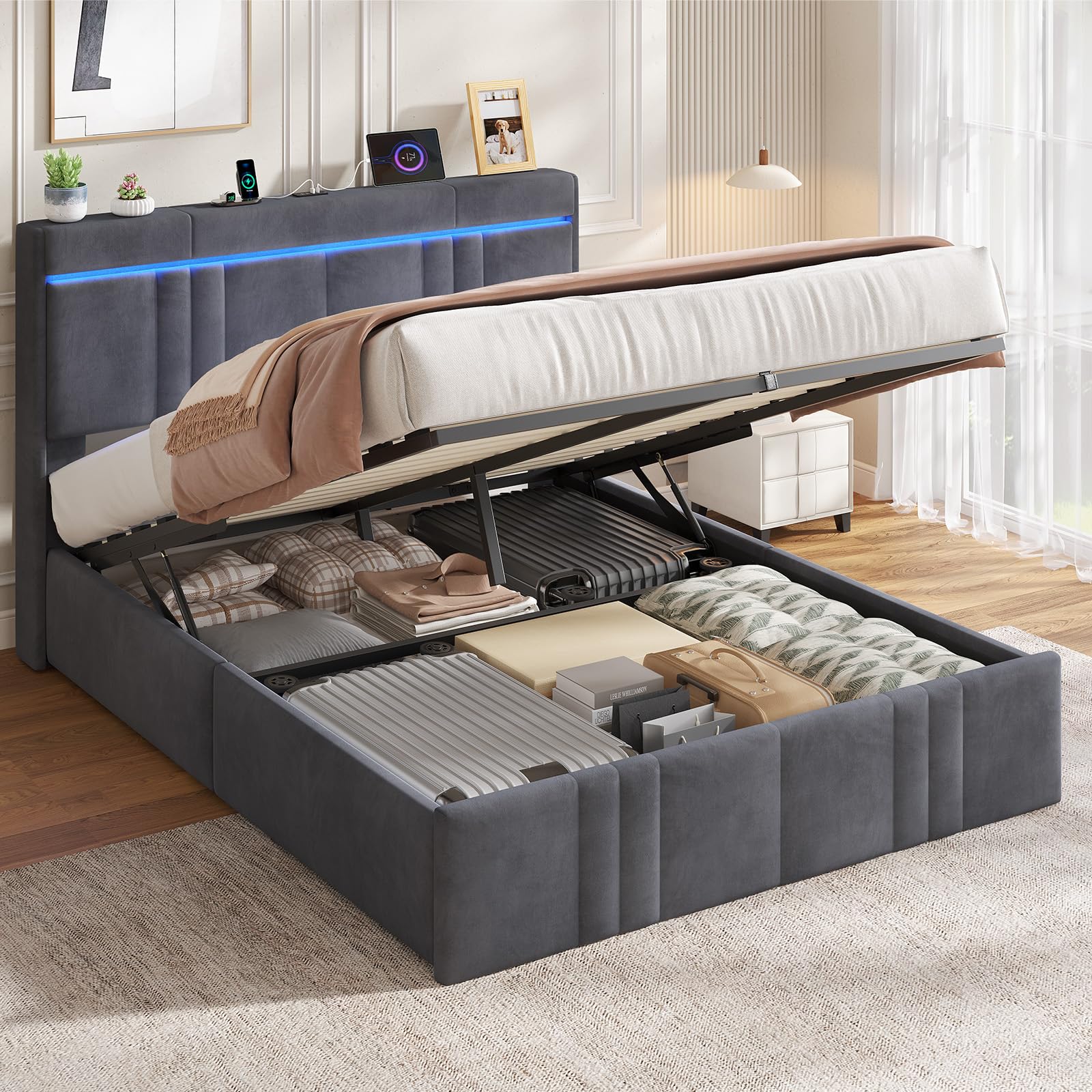 AOGLLATI Letto Matrimoniale con Contenitore 140x200 Letto Contenitore Matrimoniale Con LED Letto Contenitore Idraulico con Stazione Di Ricarica Struttura Letto con Testiera Imbottita Velluto Grigio