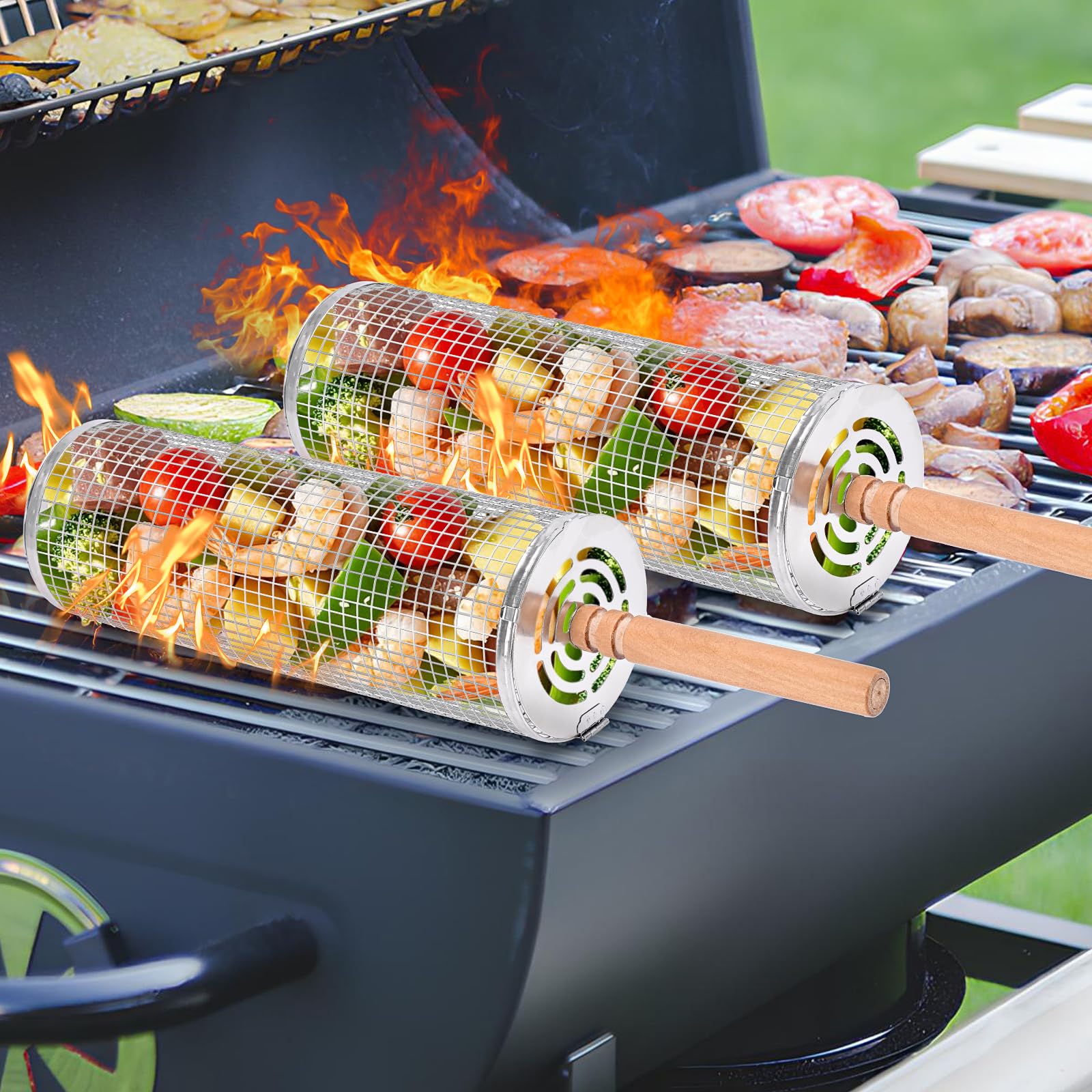 2er-Pack rollender Grillkorb mit Holzgriff, zylindrischer Edelstahl-Grillkorb, Outdoor-Camping-Picknick-Grillzubehör, grill zubehör für männer, grill zubehör für gasgrill, grill zubehör