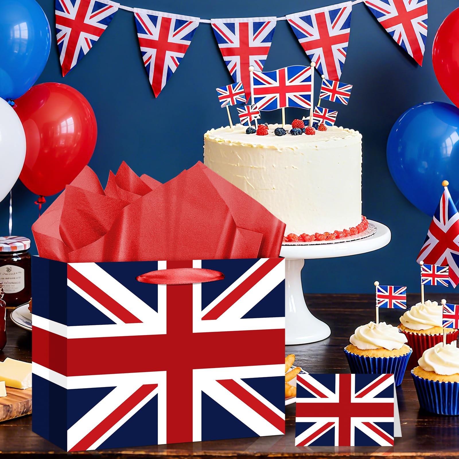 Neptniopllab Great British UK England Flag Gift Bag with Card & Wrapping Papers,United Kingdom Theme Party Decorations Gift Bag for GB National Day of GB,Carnival,Birthday,Goodie Treat Bag