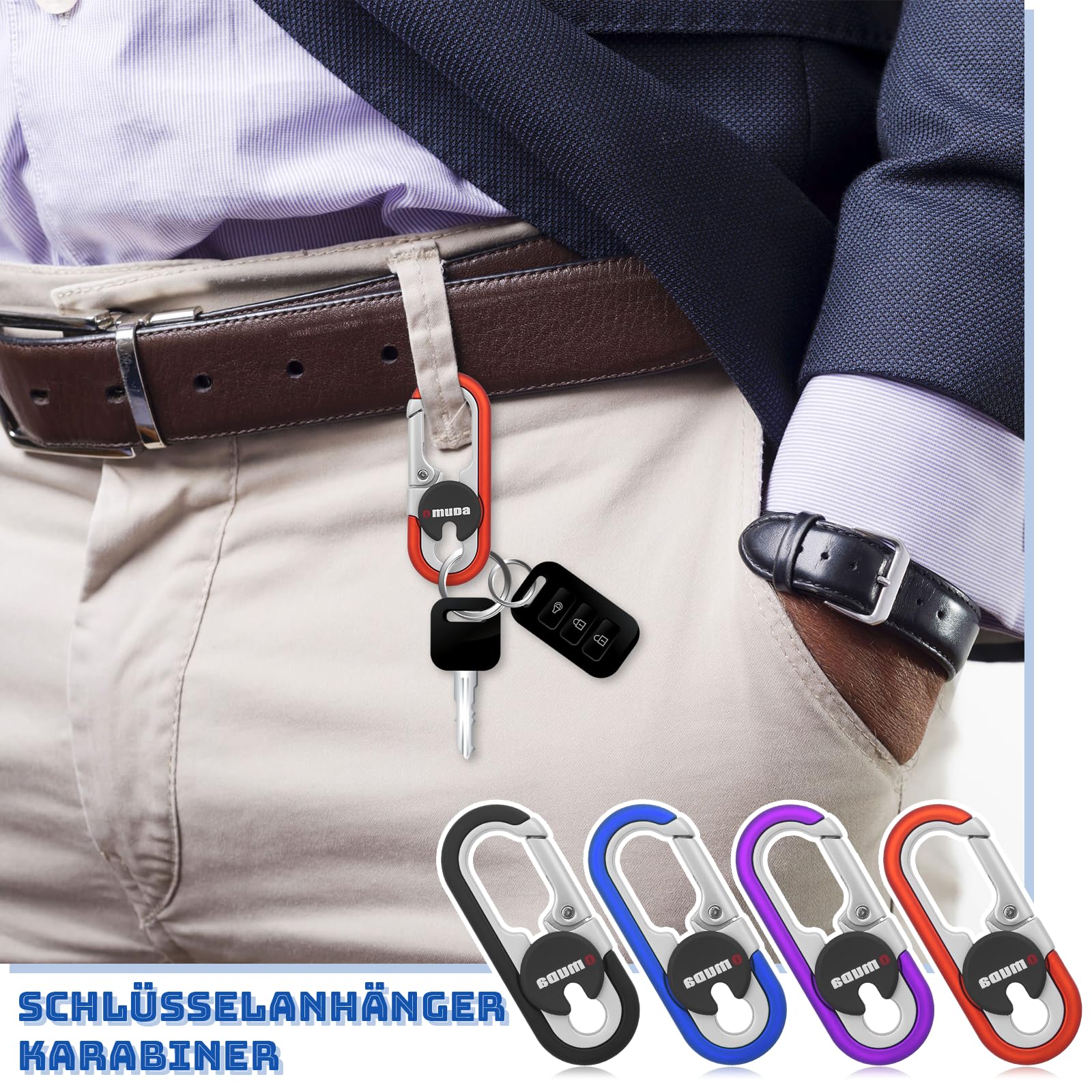 2 Schlüsselanhänger Mit Karabiner & 4 Ringen – Rostfreier Stahl, Flaschenöffner, Blau & Lila