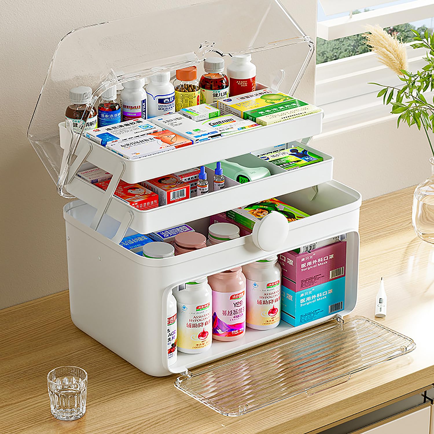 Medicine Storage Box, Portable 3-Tier Storage Containers, Pills Organizer with Compartments Handle, First Aid Kit Storage Case, Jewelry Storage Organiser,35 * 22.5 * 26.3cm