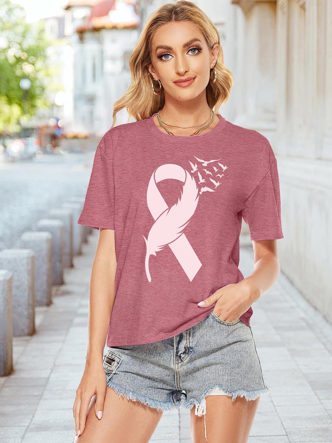 Pink Ribbon Shirts for Women Breast Cancer Awareness T-Shirt Inspirational Breast Cancer Short Sleeve Blouse Tops - Image 3