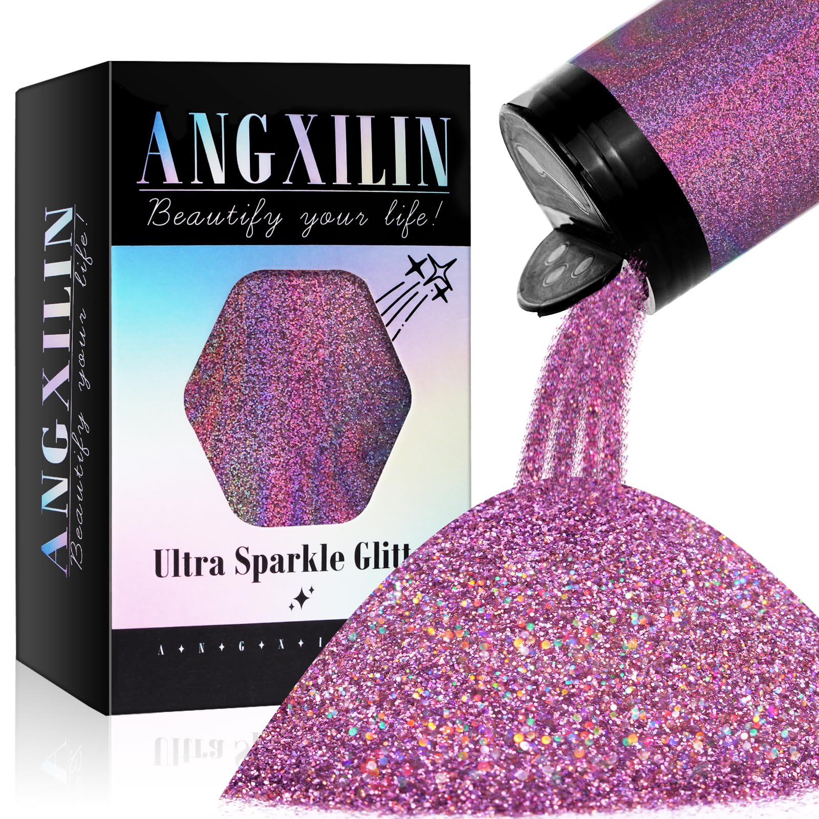 Holographic Fine Glitter for Epoxy Resin DIY Craft,ANGXILIN High Capacity 260g Shaker Bottle Fine Glitter for Nail Art Body Make Up,Tumblers Jewelry Making Laser Fine Glitter (Laser Pinkish Purple)