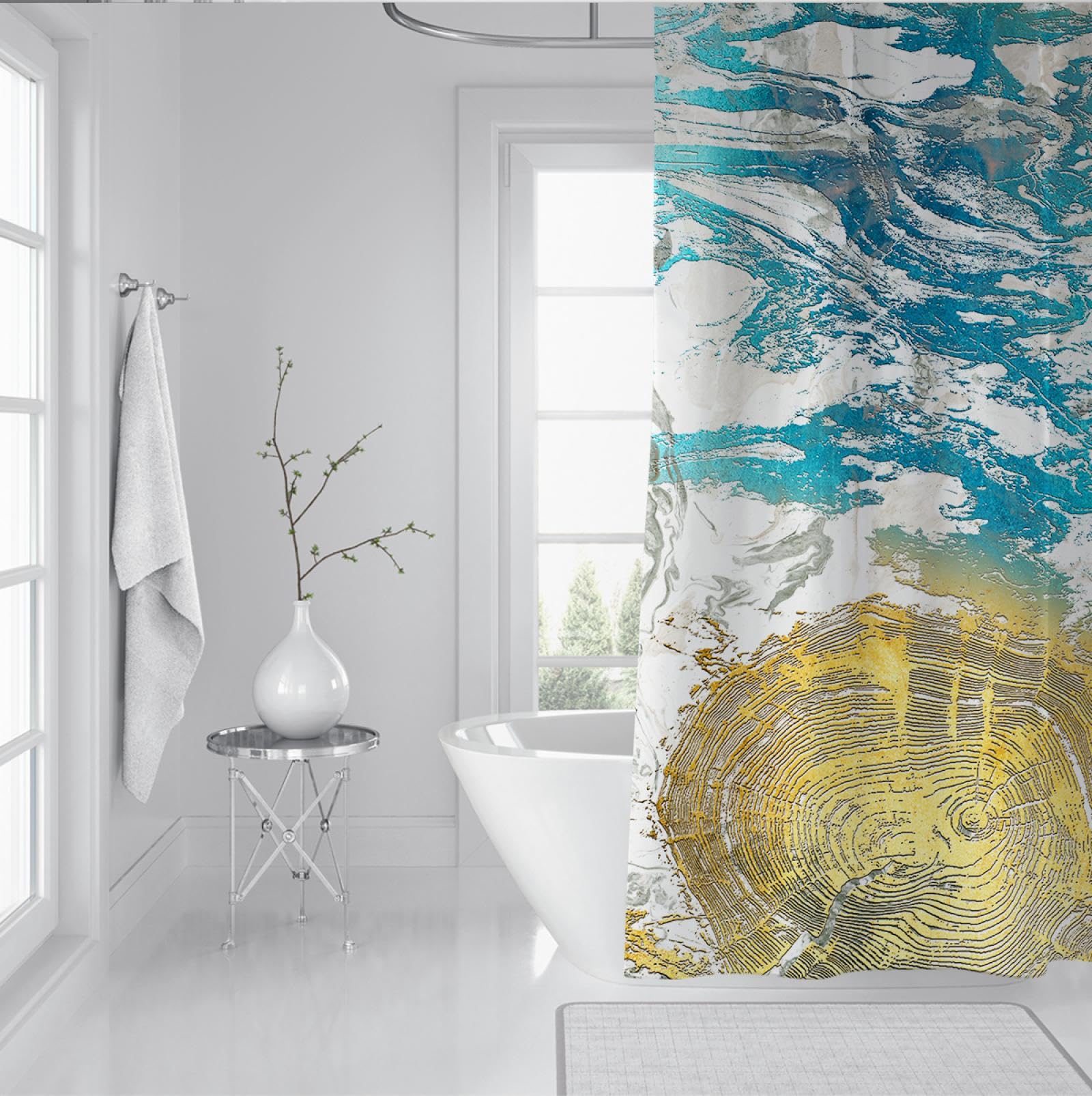 Blau Abstrakte Duschvorhang-Liner Gold Geometrische Linie Moderne Badezimmer-Dekor-Sets mit Haken wasserdichte Polyester-Stoff-Duschvorhänge 180Bx275Lcm