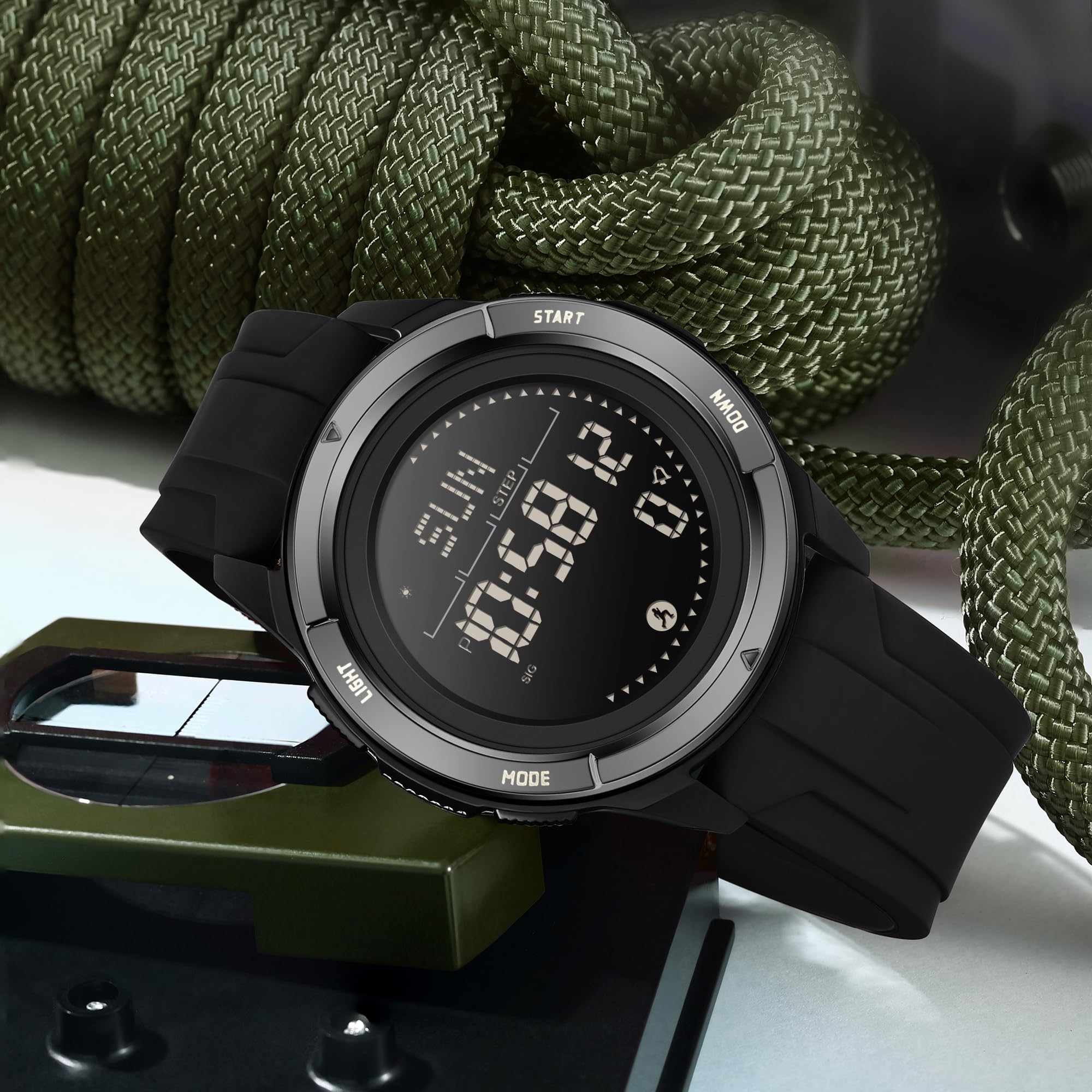 findtime Montre numérique pour homme avec podomètre, compteur de pas, boussole militaire, étanche, montre de sport, compteur de calories, montre de course à pied, chronomètre, compte à rebours