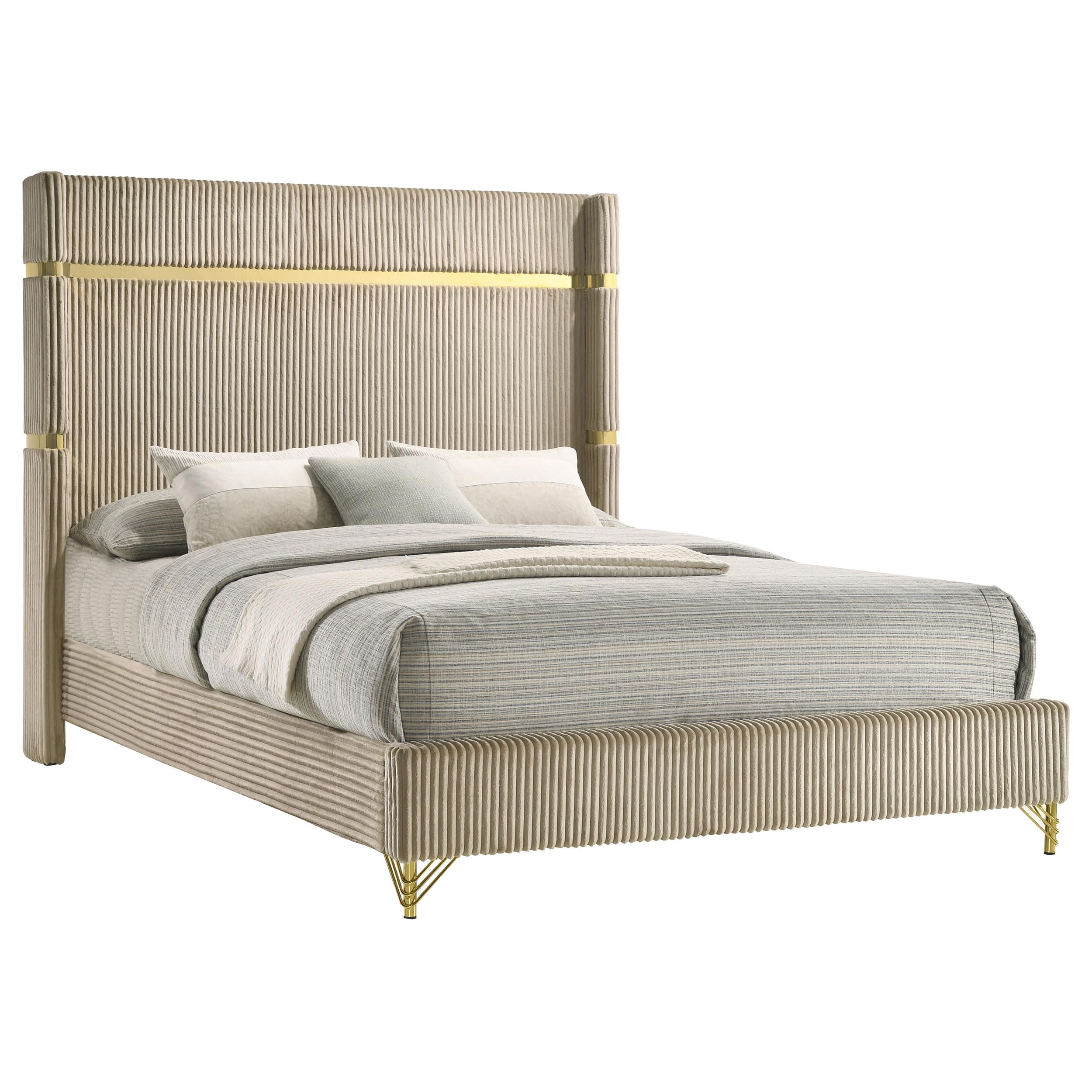 coaster home furnishings - lucia - wood - wingback queen panel bed with gold trim accents and vertical fluted upholstery - bedroom - beige - 224731q (incomplete box 1 of 2)