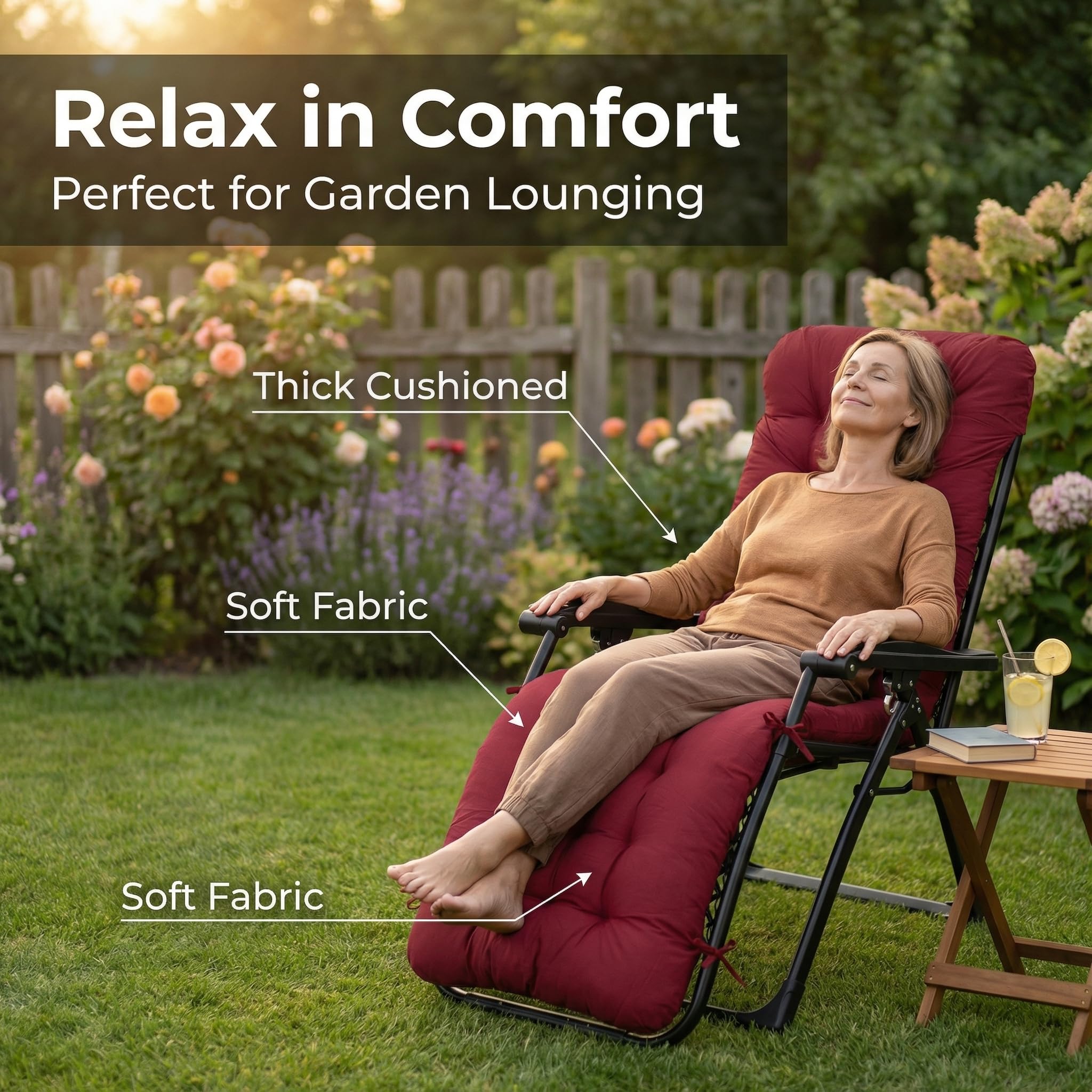 Coussin pour chaise longue de jardin, 170 x 53 x 7 cm, coussins pour chaise longue, coussin rembourré pour chaise longue, coussin d'oreiller pour meubles de jardin avec bande réglable (rouge)