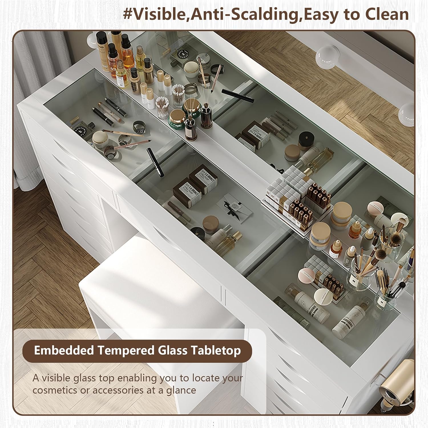 Vanity Desk with Mirror and Lights, Makeup Table with Charging Station, 3 Color Lighting Modes, 15 Drawers Dressing Table, Vanity with Chair for Bedroom, White