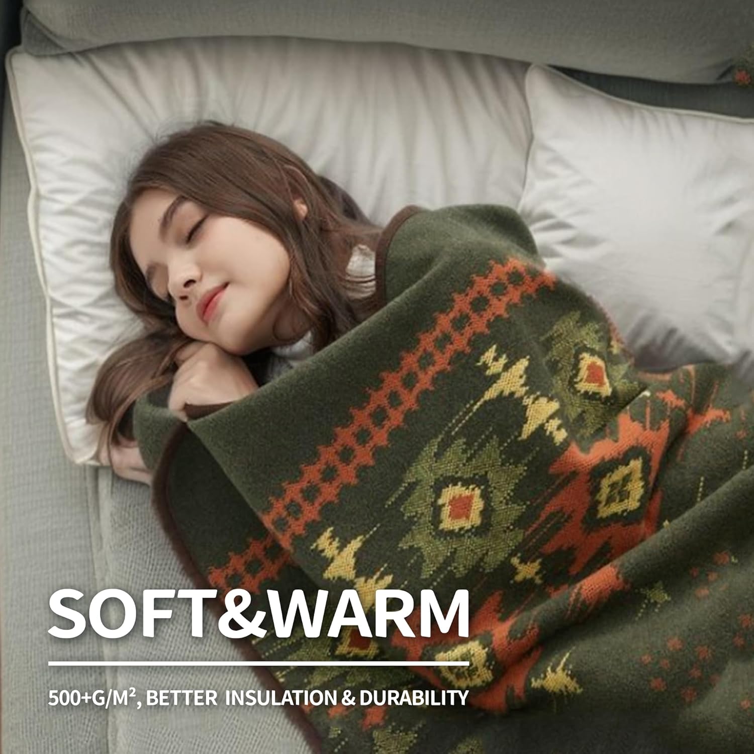 ACUSHLA Merino Wool Blanket - Warm Thick Washable Large Bed Couch Outdoor Camping Sleeping Throw Blanket All Seasons, Myers Green 79x63 - Image 3