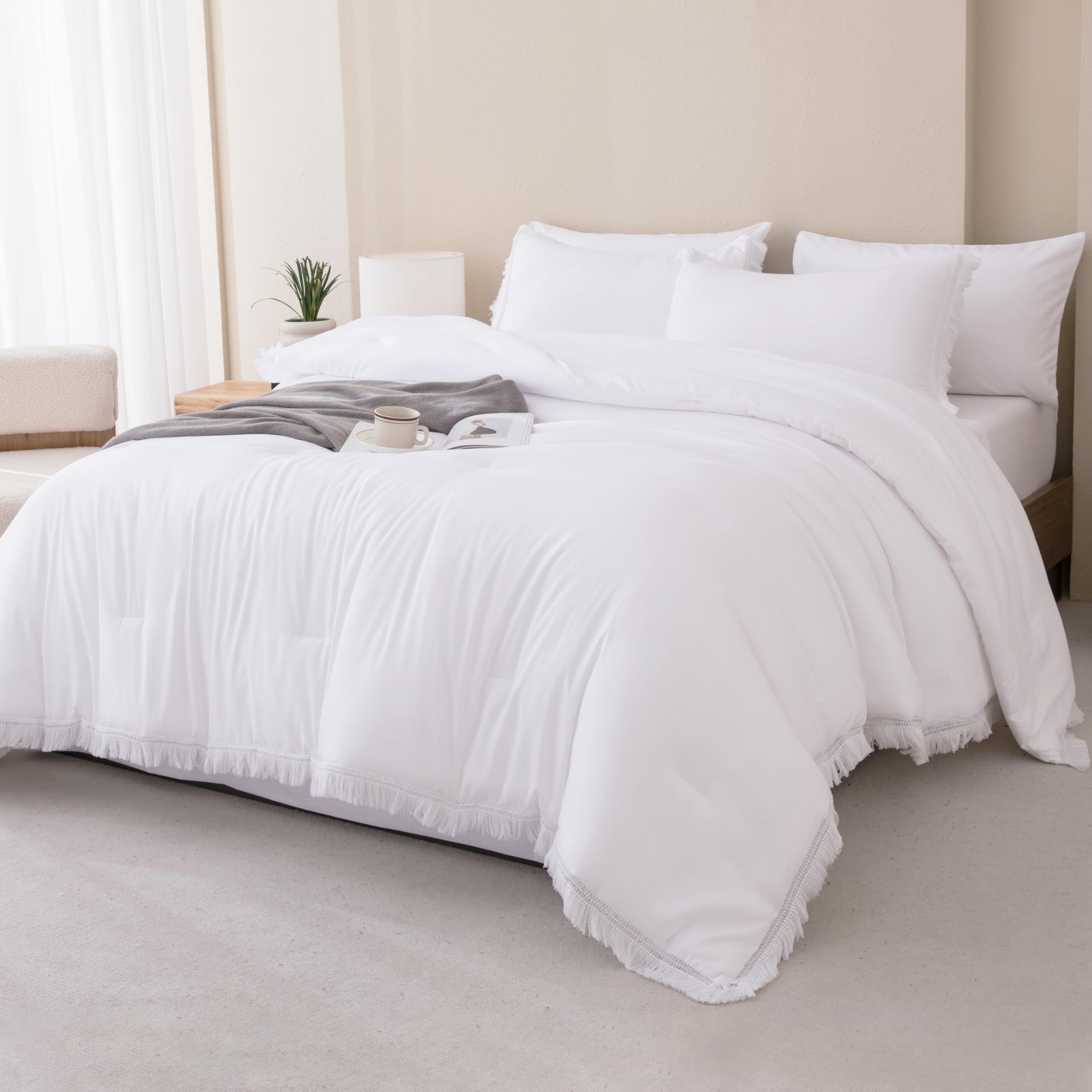 Andency White Comforter Set King Size with Sheets -7 Pieces Boho Tassel Bed in a Bag Soft Lightweight Bedding Sets, All Season Fringe Bed Set with