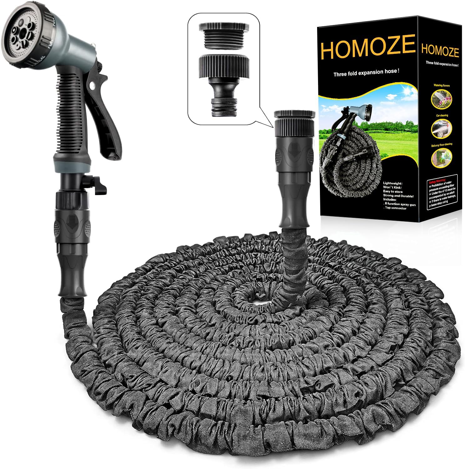 HOMOZE Expandable Garden Water Hose Pipe with 3/4", 1/2" Fittings, Anti