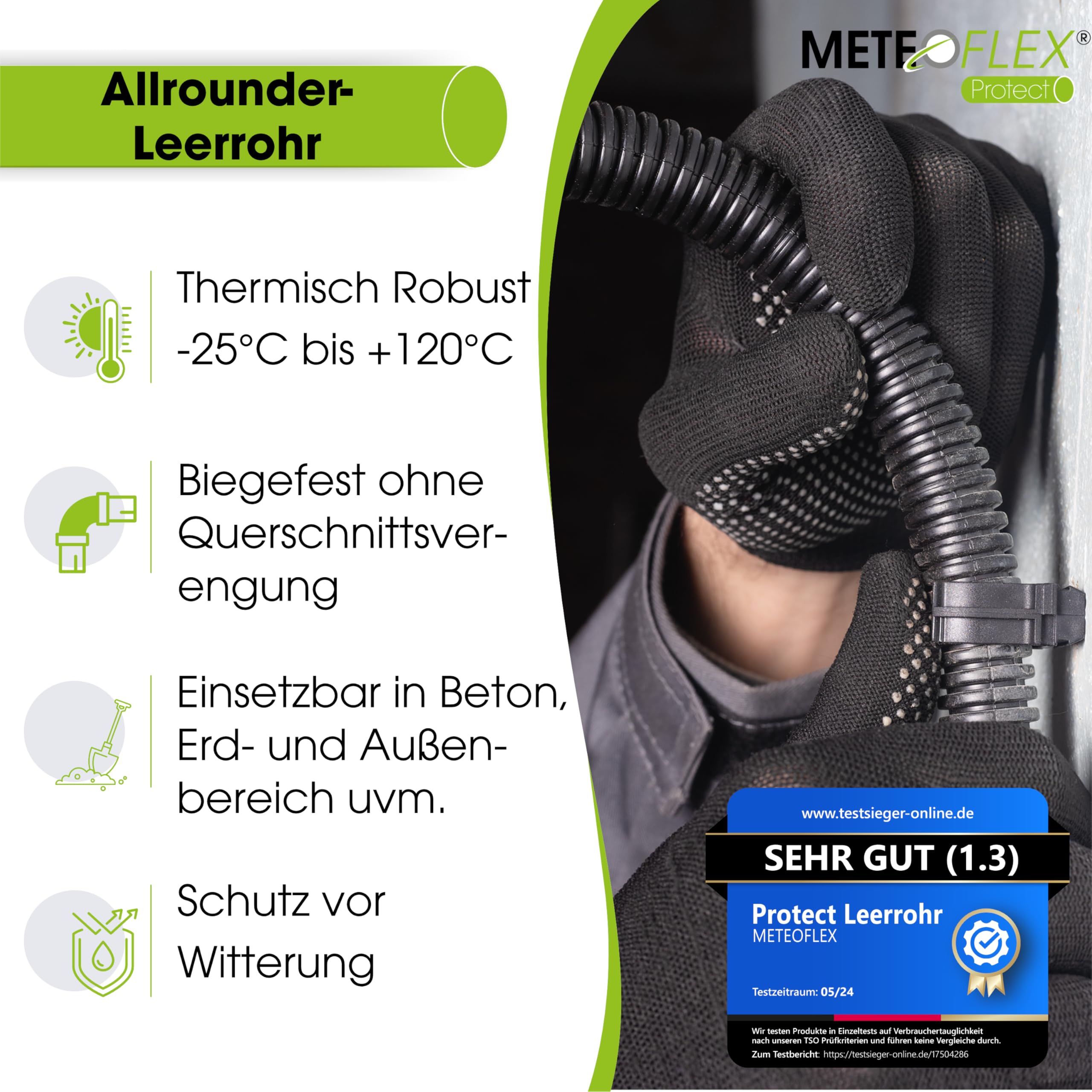 METEOFLEX PROTECT Leerrohr mit Zugdraht/Einzughilfe 750N M20 / M25 / M32 / M40 / M50 aus HDPE - Wellrohr für Erdreich, Erdverlegung, Außenbereich, Beton - hohe Druck- & Schlagfestigkeit (M32-25m)