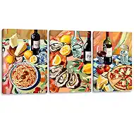 Pormipone Italian Food 3Pc Canvas,Vintage Kitchen Art,Wood Frame 12x16 | Italian food triptych:pasta,oysters,pizza,vintage oil,gallery-wrapped solid wood,thick canvas,12x16in,mediterranean decor