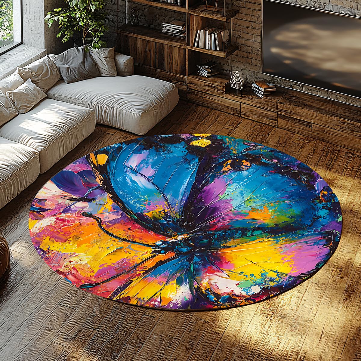 Tapis rond papillon doux lavable pour éviter la poussière au salon