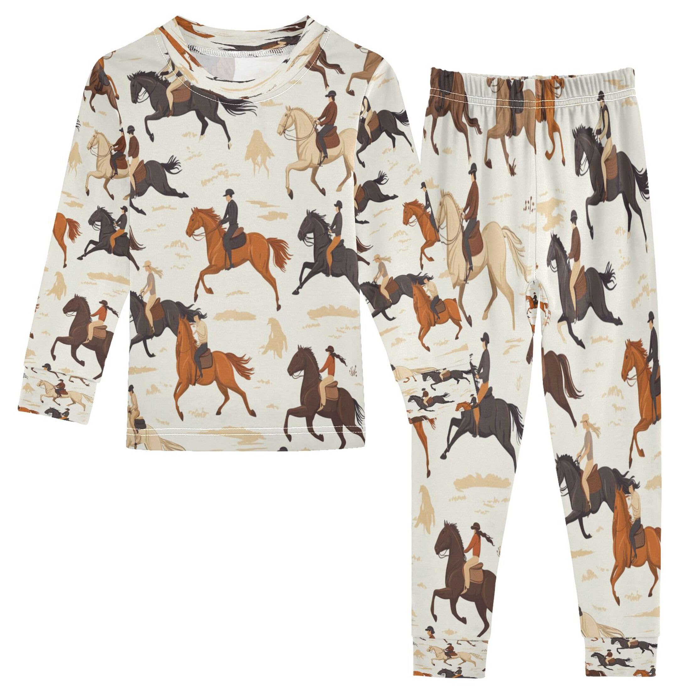 Vozoza Horses Vintage Watercolor Pajama Sets Long Sleeve Top with Pants Cotton Soft Sleepwear 2 Piece Pjs Set Size 4T Multicolor