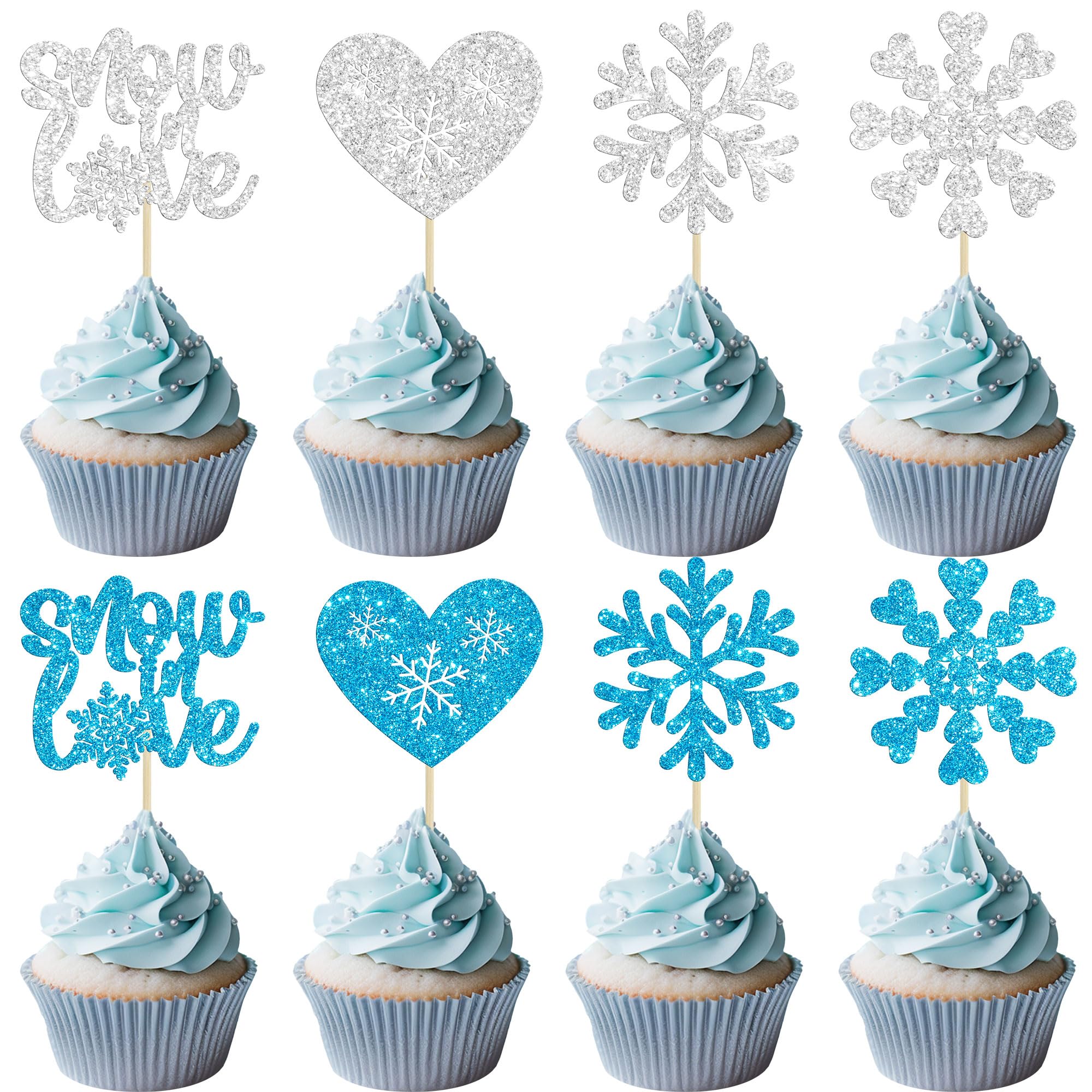 Photo 1 of **2 PACKS**Gyufise 24Pcs Snowflake Cupcake Topper Blue Silver Glitter Winter Heart Snow in Love Cake Toppers for Winter Wonderland Wedding Anniversary Decorations Bridal Shower Party Supplies