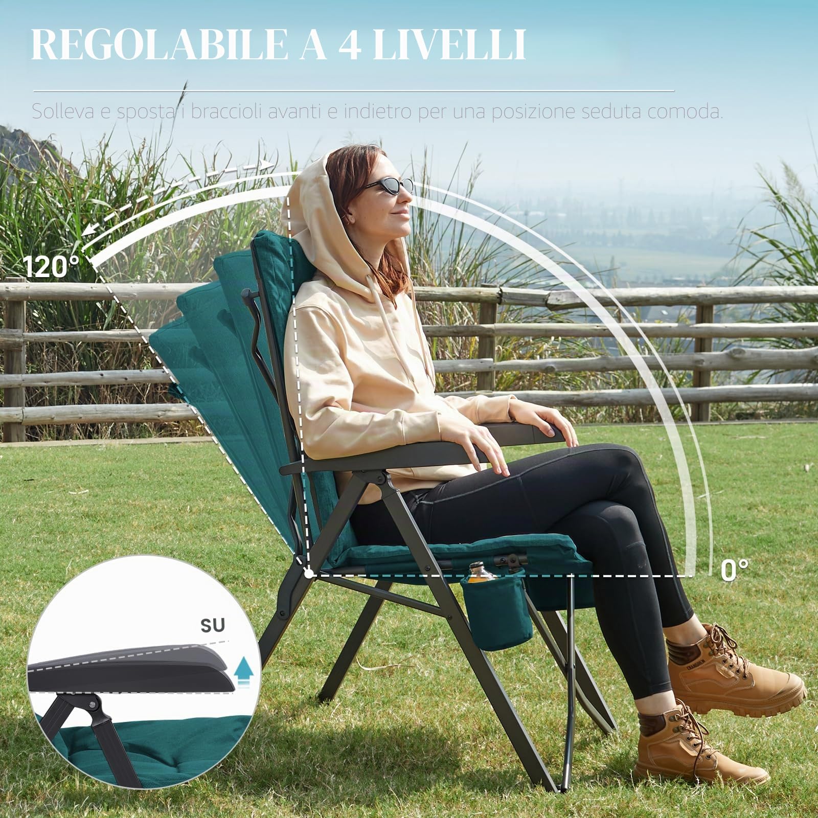 EVER ADVANCED Sedia da campeggio pieghevole con schienale regolabile in 4 posizioni fino a 150 kg, sedia pieghevole spessa 6 cm, imbottita con tasca laterale e porta bevande, sedia da giardino