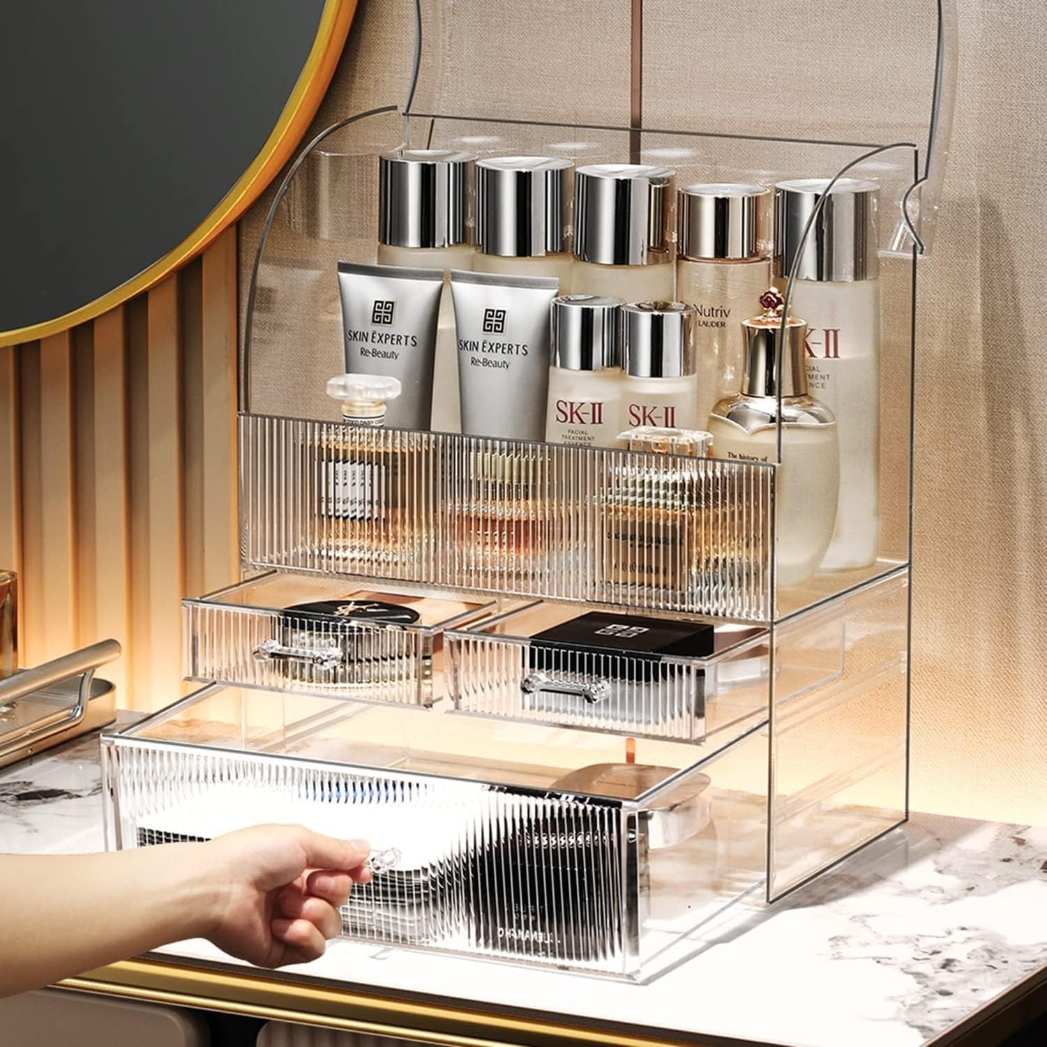 Organizador Acrilico de Cosmetica con Tapa 3 Cajones, Raya translúcida