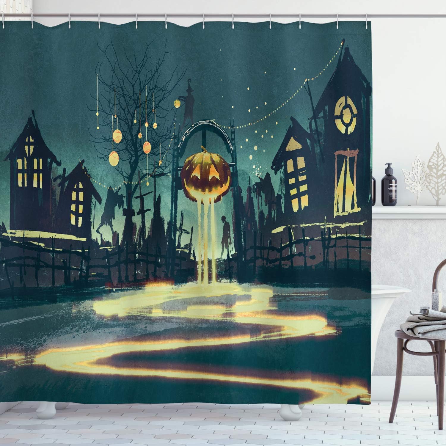 Ambesonne Fantasy Shower Curtain, Halloween Theme Night Pumpkin and Haunted House Ghost Town Design Print, Cloth Fabric Bathroom Decor Set with Hooks, 69" W x 75" L, Teal Orange
