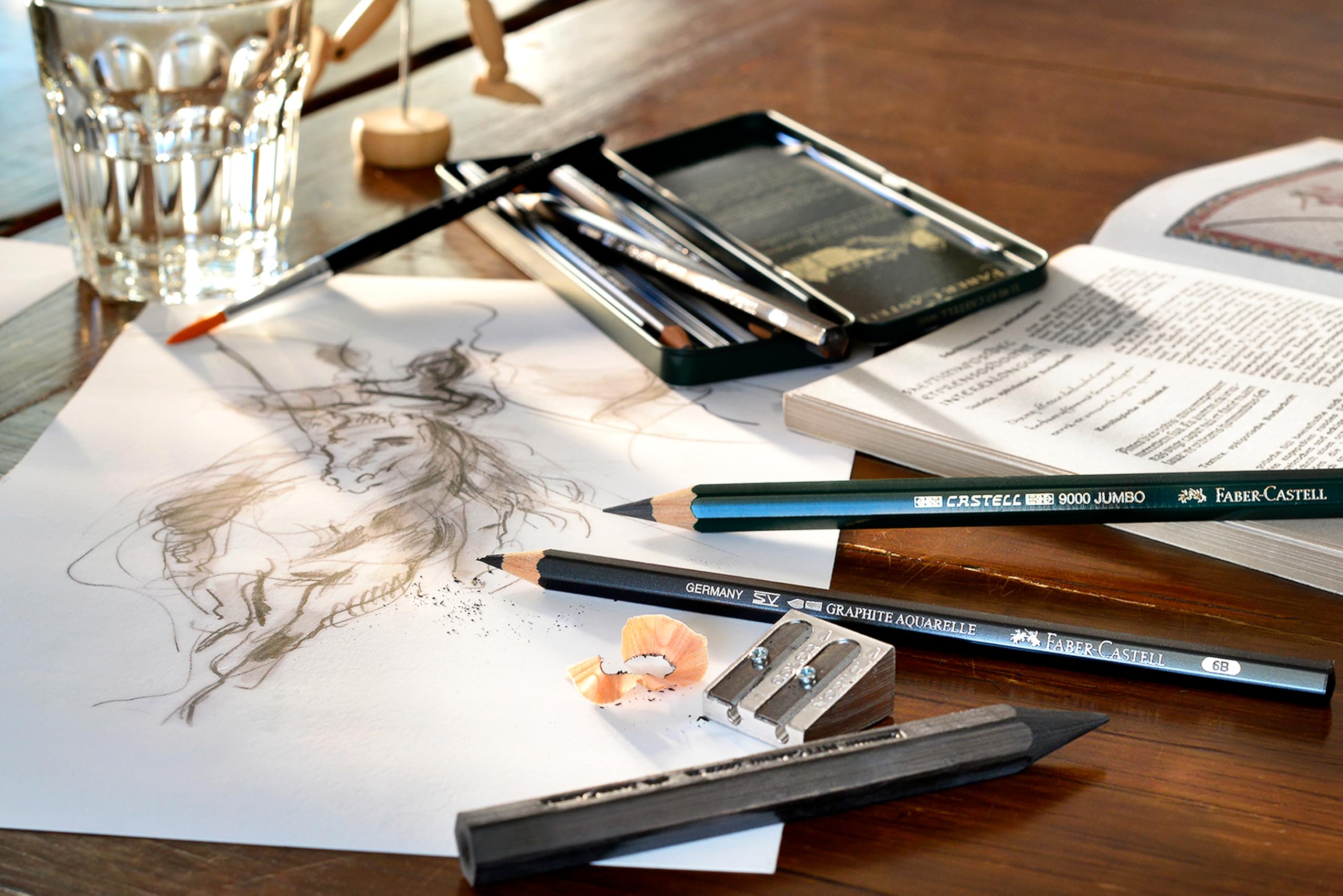 Faber-Castell Estuche de Metal con 3 Lápices de Colores Acuarelables, 9 Grafitos 9000 y 3 Grafitos Pitt Puro Multicolor