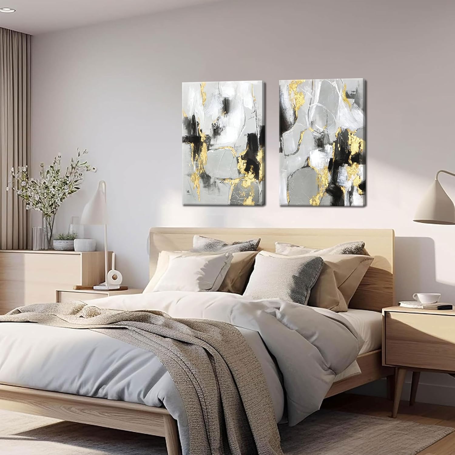 Framed Abstract Black Gold Wall Art Set of 2, Modern Black White Gold Canvas Prints Poster Picture for Living Room, Bedroom and Office Wall Decor 16 x 24 Inch