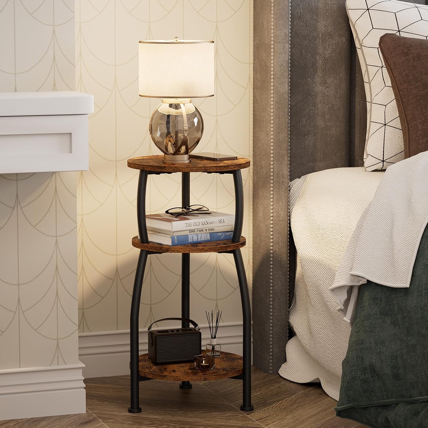 Small Round Side Table, 3-Tier End Table with Storage Shelf, Slim Coffee Table for Small Spaces, Industrial Sofa Table for Narrow Gaps in Living Room & Bedroom, Rustic Brown