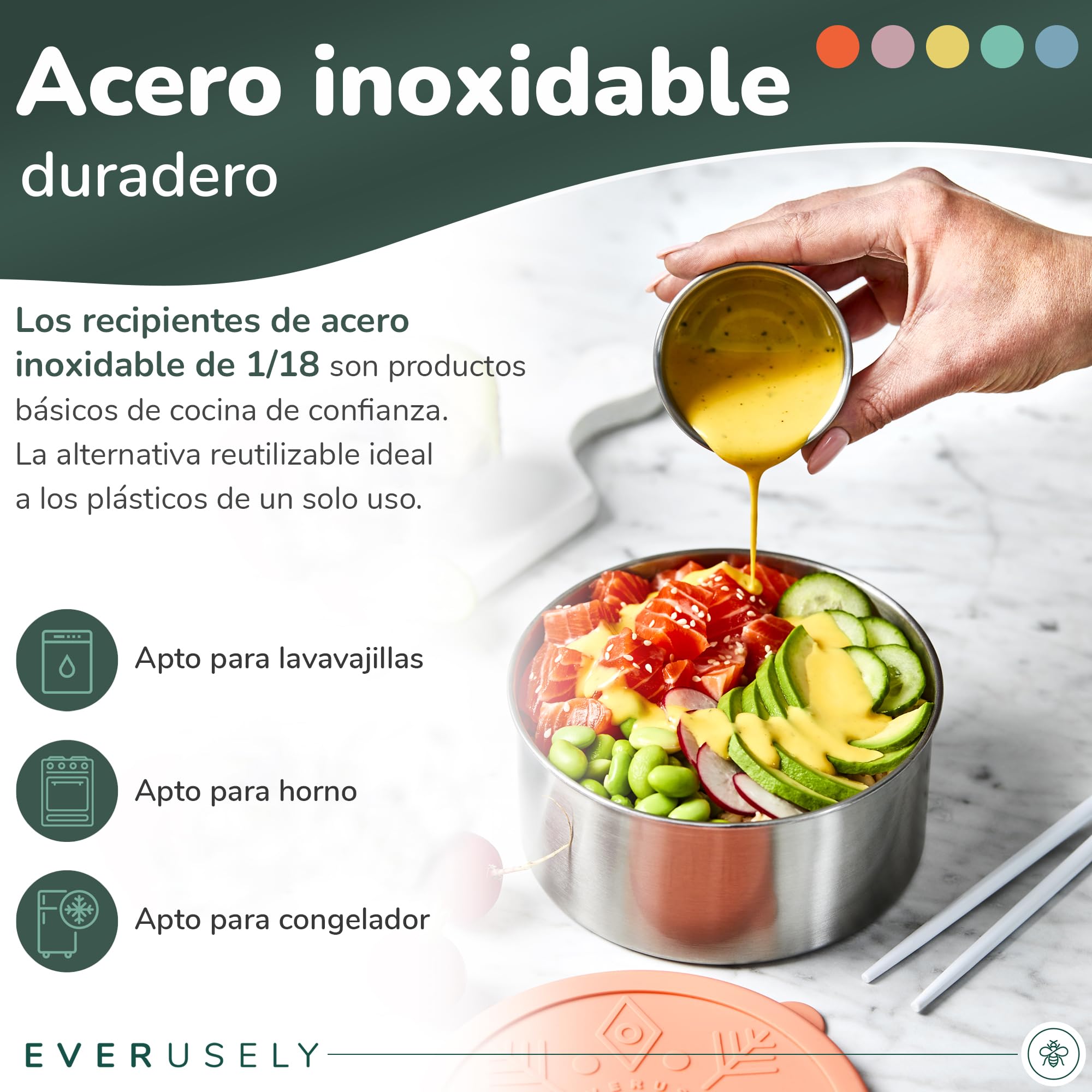 Everusely - Fiambrera de acero inoxidable con tapa hermética - Juego de 5, colección Bright - Fiambrera hermética - Recipientes apilables para la preparación de comidas