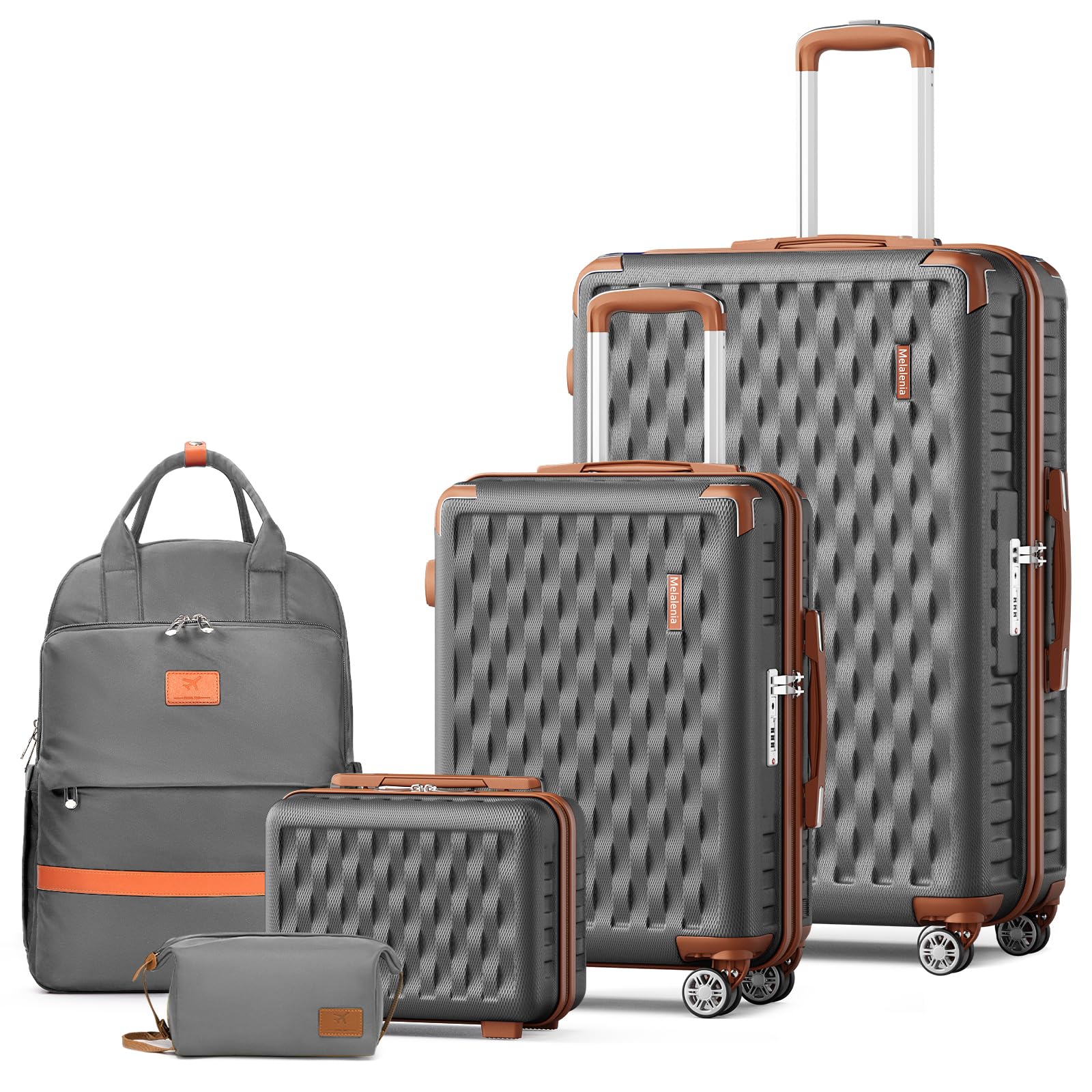 Melalenia Luggage Sets 5 Piece Hard Shell Carry on Suitcase with Spinner Wheels and TSA Lock, Lightweight Travel Backpack for Women, Men, Grey Brown