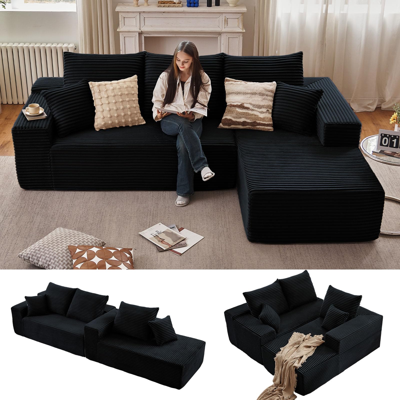 Sectional Couches for Living Room Cloud Couch Sofa with L-Shape Couch in a Box Upholstered Boneless Couchs Modern Modular Sectional Couch with Chaise(Black,3 Seater-Right-Facing Chaise-96)