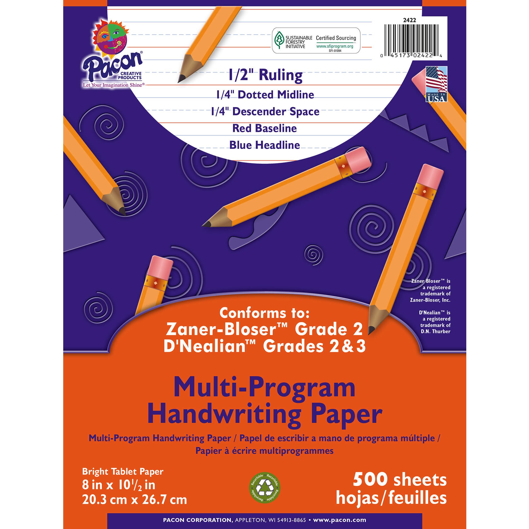 PaconMulti-Program Handwriting Paper, 8" X10 1/2", D'Nealian (Grades 2&3), Zaner-Bloser (Grade 2), 500 Sheets, White