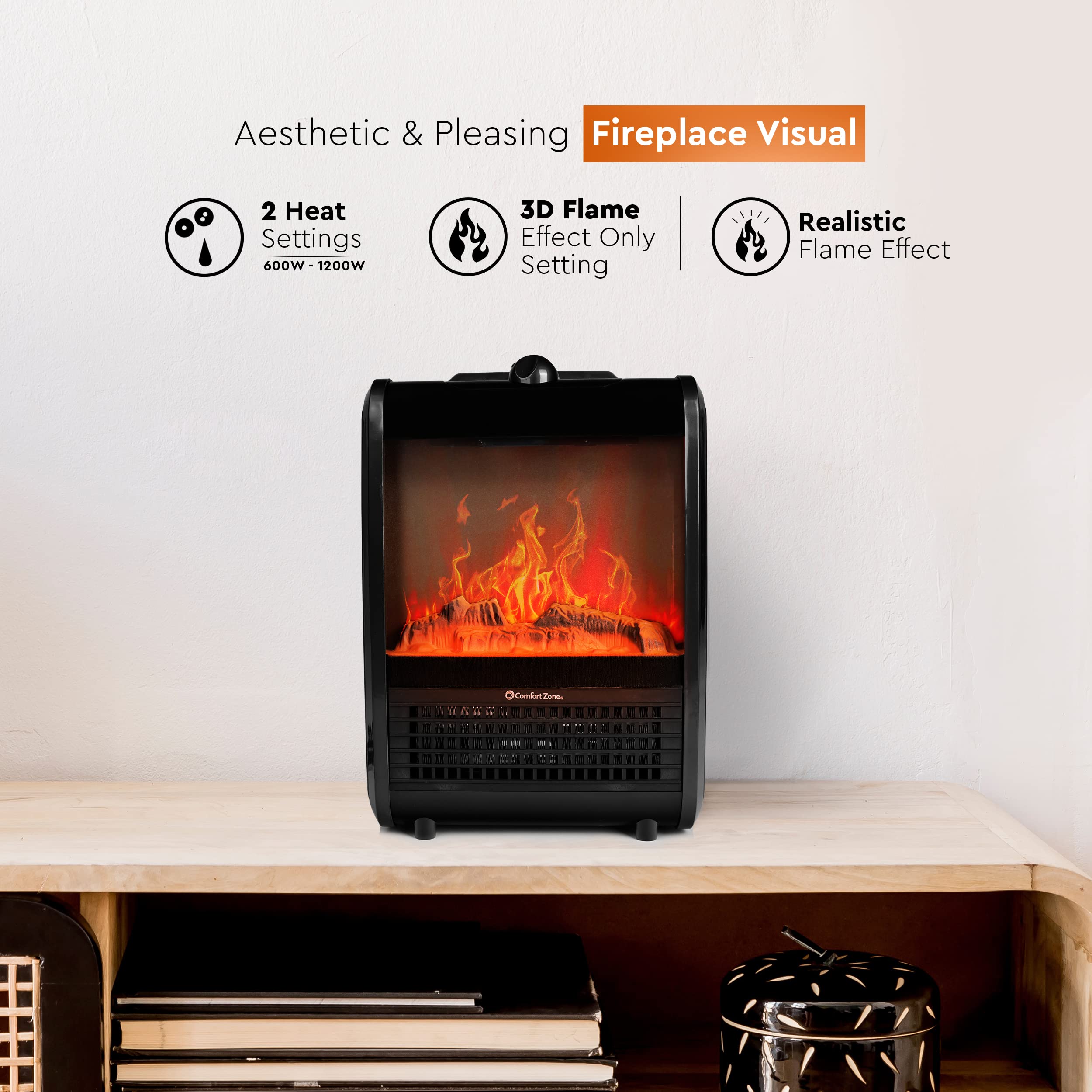Amazon.com: Comfort Zone CZFP1BK 600/1,200-Watt Mini Fireplace Heater with  Realistic 3D Flame, Stay-Cool Body, Carry Handle, Overheat Sensor, and  Safety Tip-Over Switch, Black : Home u0026 Kitchen