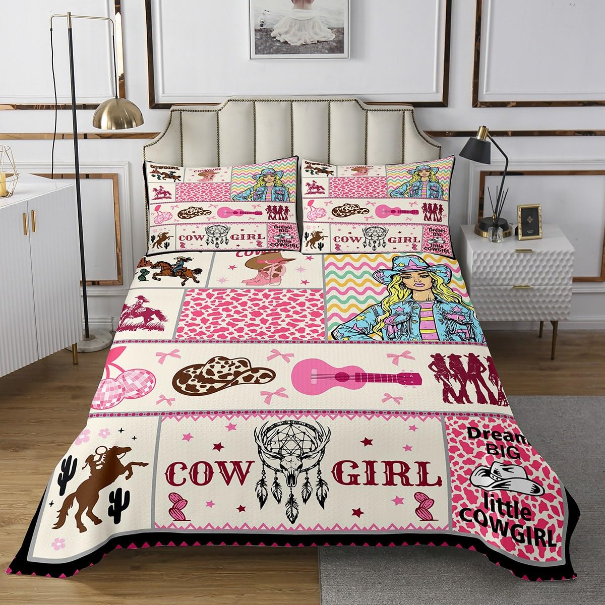 Castle Fairy Cowgirl Bedspread Twin Size,Dreamcatcher Comforter Set for Kids Teens Bedroom Decor,Cowboy Rustic Retro Farmhouse Soft Bedding Set 2Pcs,1 Pillowcase