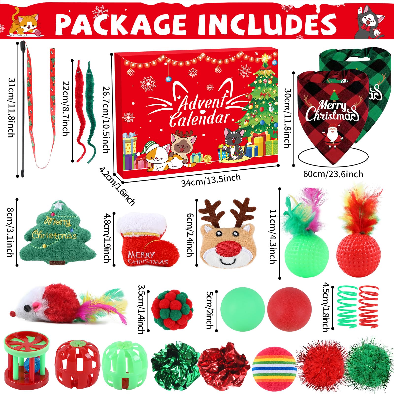 Cat Advent Calendar 24 Days Christmas Countdown Calendar Cat Interactive Toys Cat Gifts Assorted Christmas Toys for Kitten Mice Ball Bells Cat Feather Teaser Xmas Advent Calendar Gifts for Cat Lovers