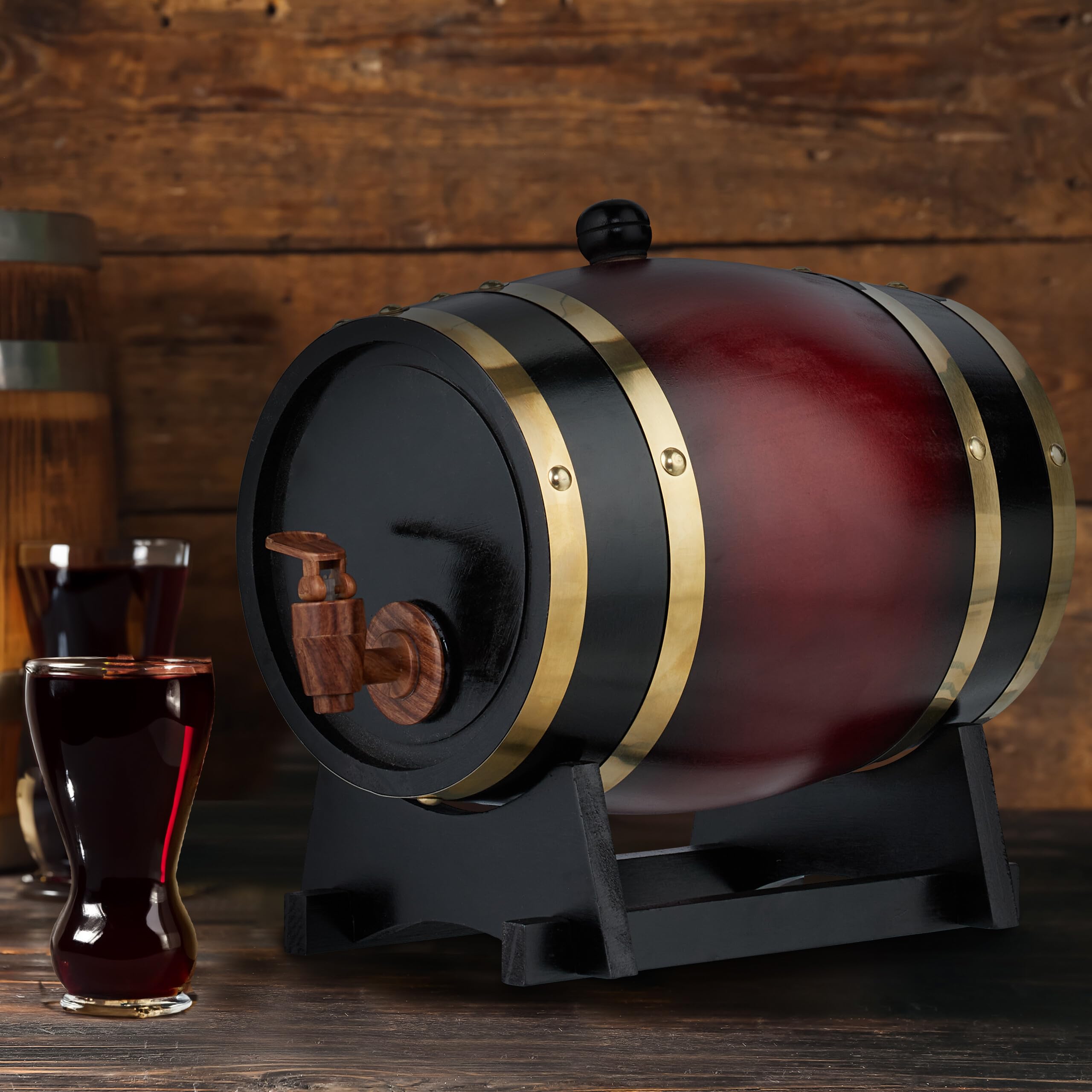 Relaxdays Barril Madera con Grifo y Base, Barrica 2,2 l, Dispensador de Whisky, Vino, Sidra, Licores, Negro/Rojo