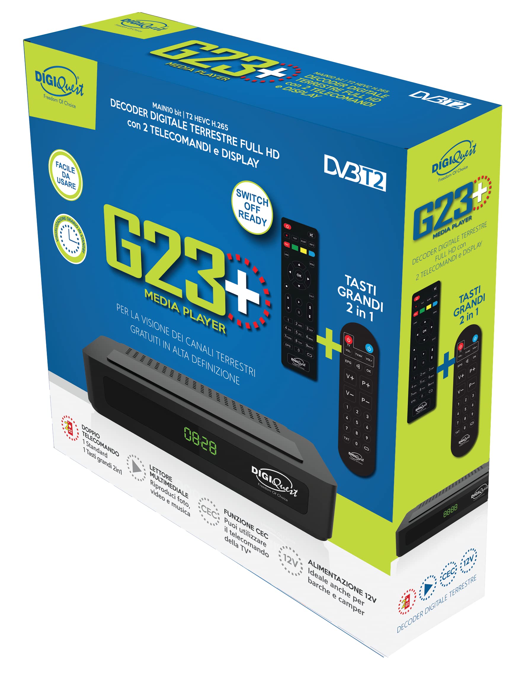 DIGIQUEST Decoder Digitale Terrestre DVB-T2 G23 Plus | Mediaplayer, Doppio telecomando di cui uno 2 in 1 e con tasti grandi | Ideale anche per barche e camper