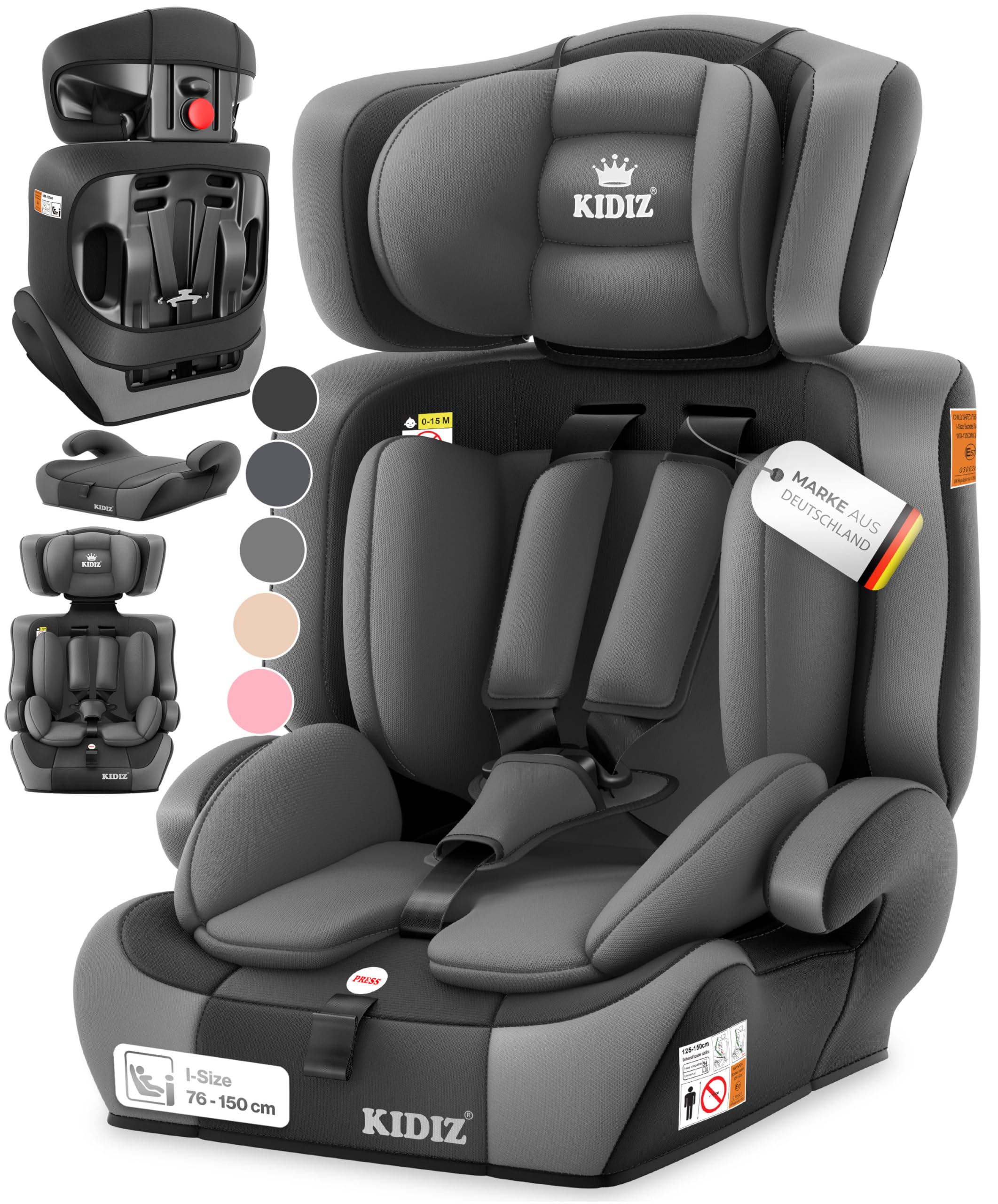 KIDIZ® Autokindersitz i-Size R129 100-150cm bis 12 Jahre, Kinderautositz Gruppe 1/2/3 ohne Isofix, mitwachsender Kindersitz, 5-Punkt-Gurt & höhenverstellbare Kopfstütze, Sitzerhöhung Auto, Grau