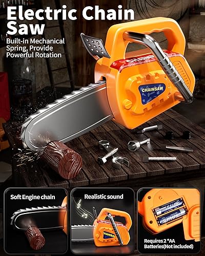 Miniatura 3 de Deejoy Juego de herramientas para niños grandes de 54 piezas con sierra eléctrica y taladro de juguete electrónico, juego de construcción para niños