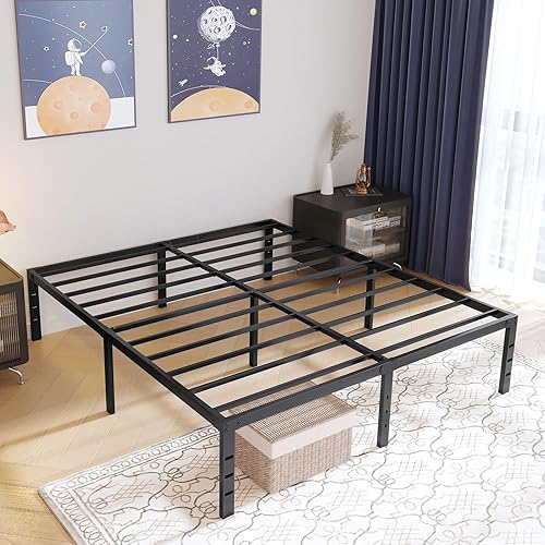 Miniatura 1 de zizin Base de cama de tamaño matrimonial de 18 pulgadas, plataforma resistente, no necesita somier, base de colchón con listones de acero, fácil