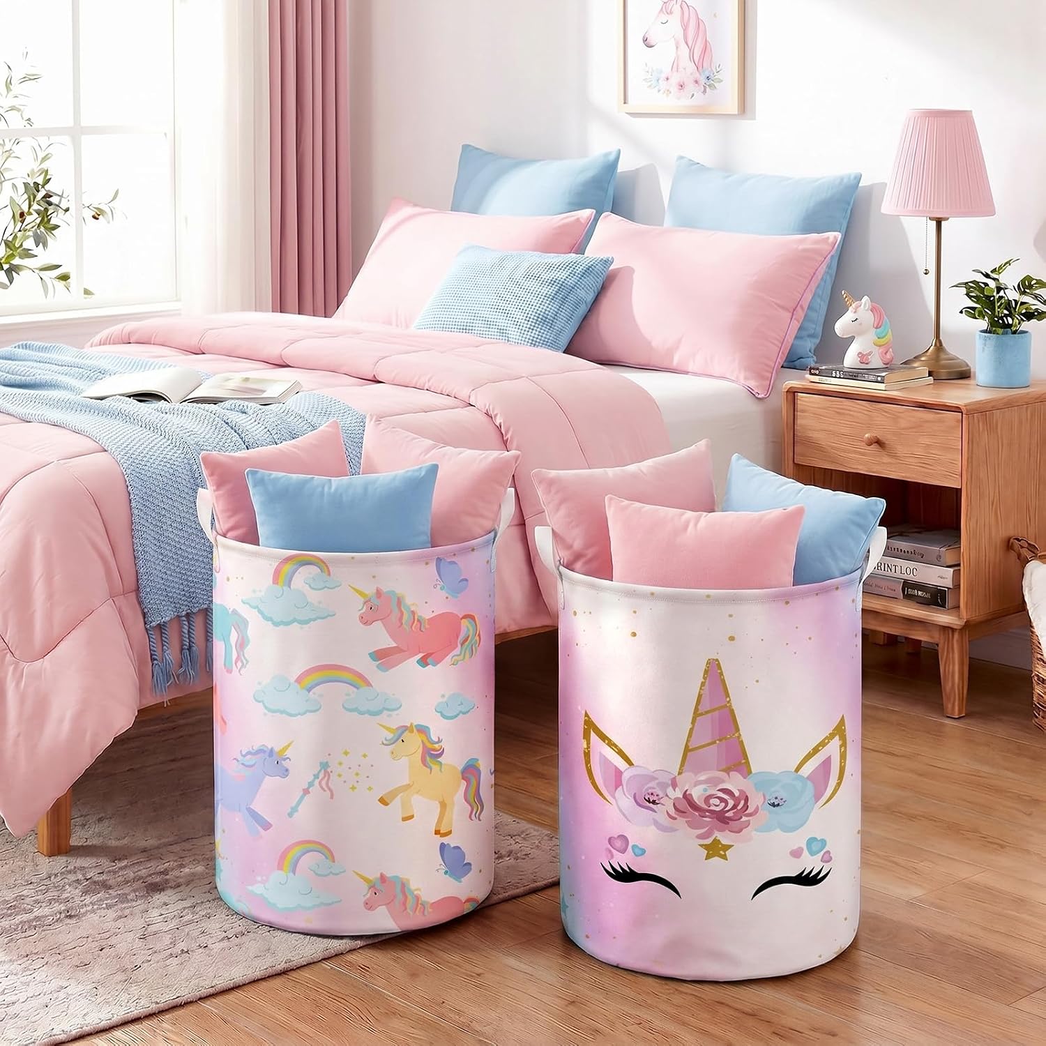 2 Pcs Pink Unicorn Laundry Hamper Basket Unicorn Bedroom Decor Large 17.3 x 13.8 Inch Round Collapsible Toy Storage Organizer Basket with Waterproof Layer for Kid Playroom Dirty Cloth image 2