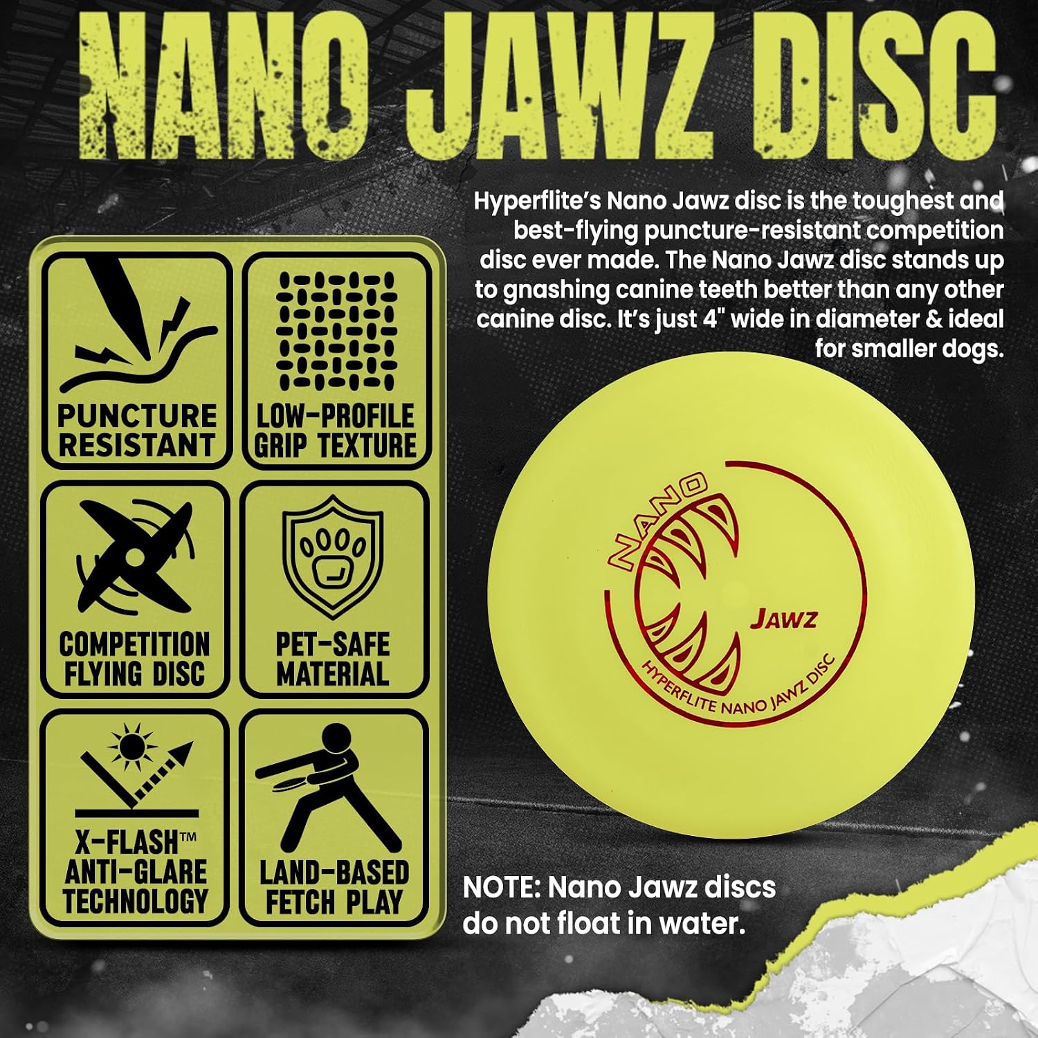 Hyperflite Nano Jawz Disc Dog Disc 4” (24g) | Official Skyhoundz Mini Flying Disc for Small Dogs & Puppies | Long-Flying, Lightweight Chase Dog Toy for Backyard, & Beach | Anti-Glare - Yellow
