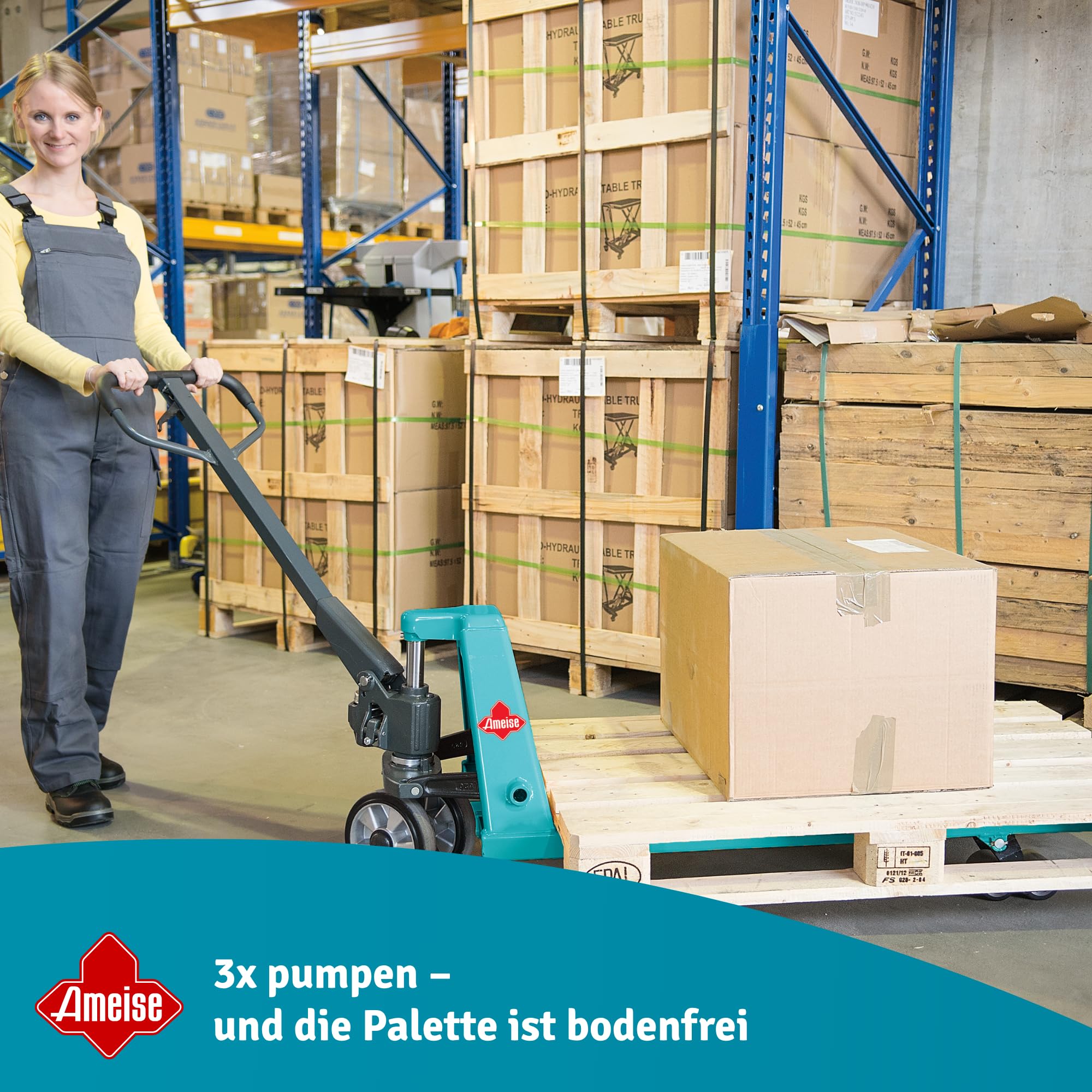 Ameise Hubwagen PTM mit Schnellhub bis 120 kg | 2.000 kg Tragkraft | 1.150 mm Gabellänge | Lenkrad aus laufruhigem Vollgummi | Tandem-Gabelrollen aus robustem Polyurethan | Palettenhubwagen