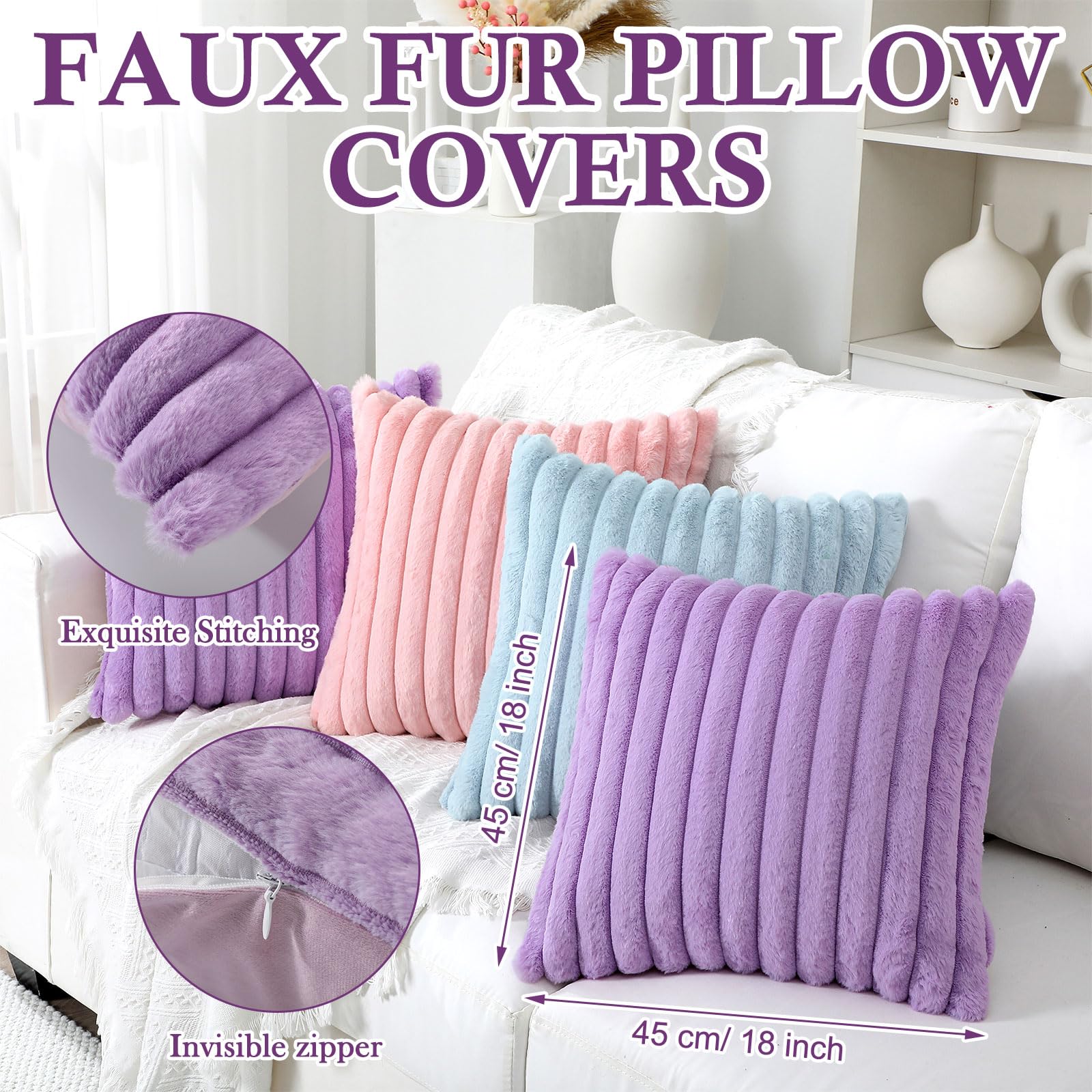 Mixweer 6 federe per cuscini in finta pelliccia, 45 x 45 cm, decorative a righe, morbide, per dormire, feste, divano, camera da letto, soggiorno (rosa, viola, blu)