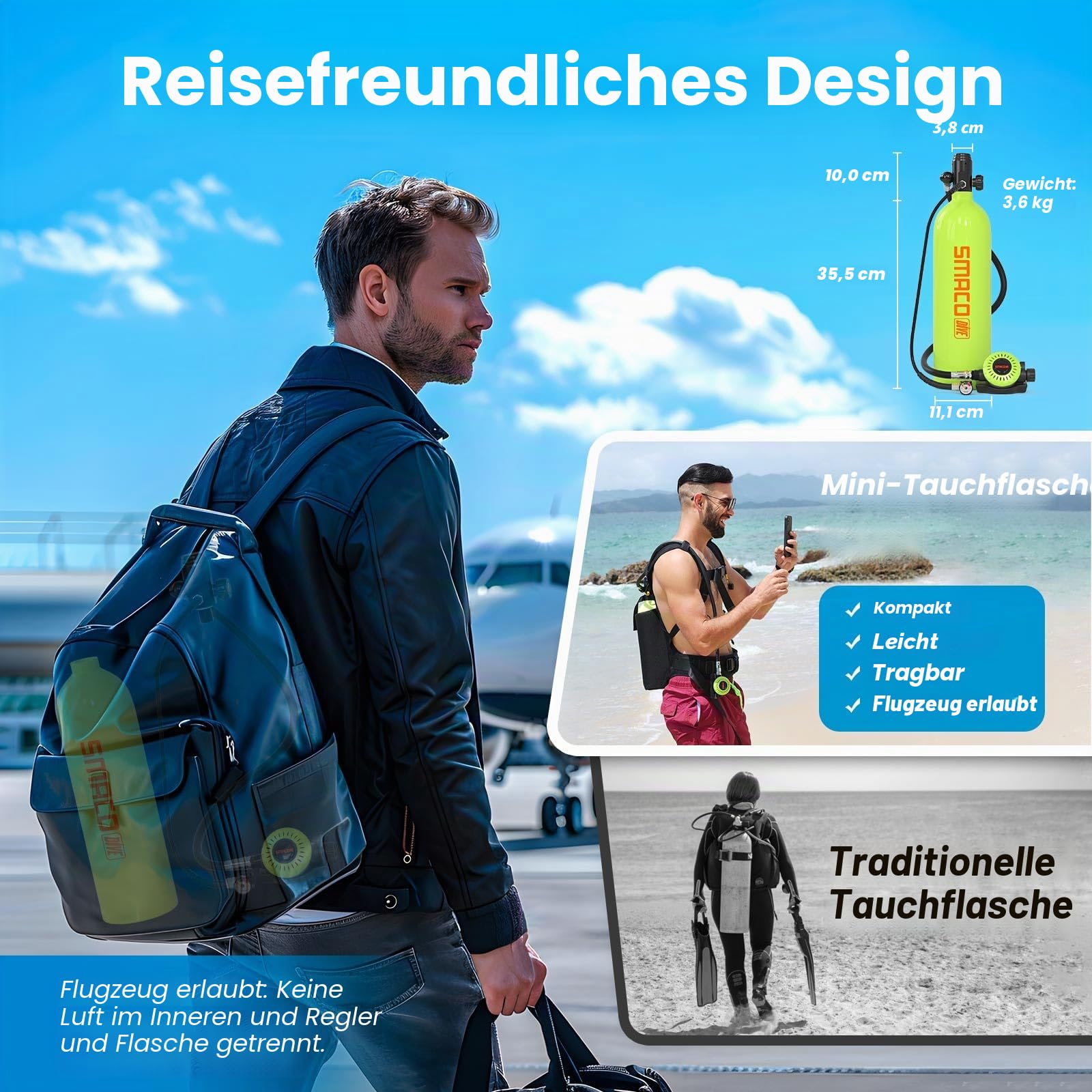 SMACO Mini Tauchflasche 2L Sauerstoffflasche Tauchen Mini Taucherflasche für Unterwasseratmung Tragbare Tauchen Sauerstofftank Lung Air Tank für Notfallrettung Bootsreinigung Tauchausrüstung S700 PLUS