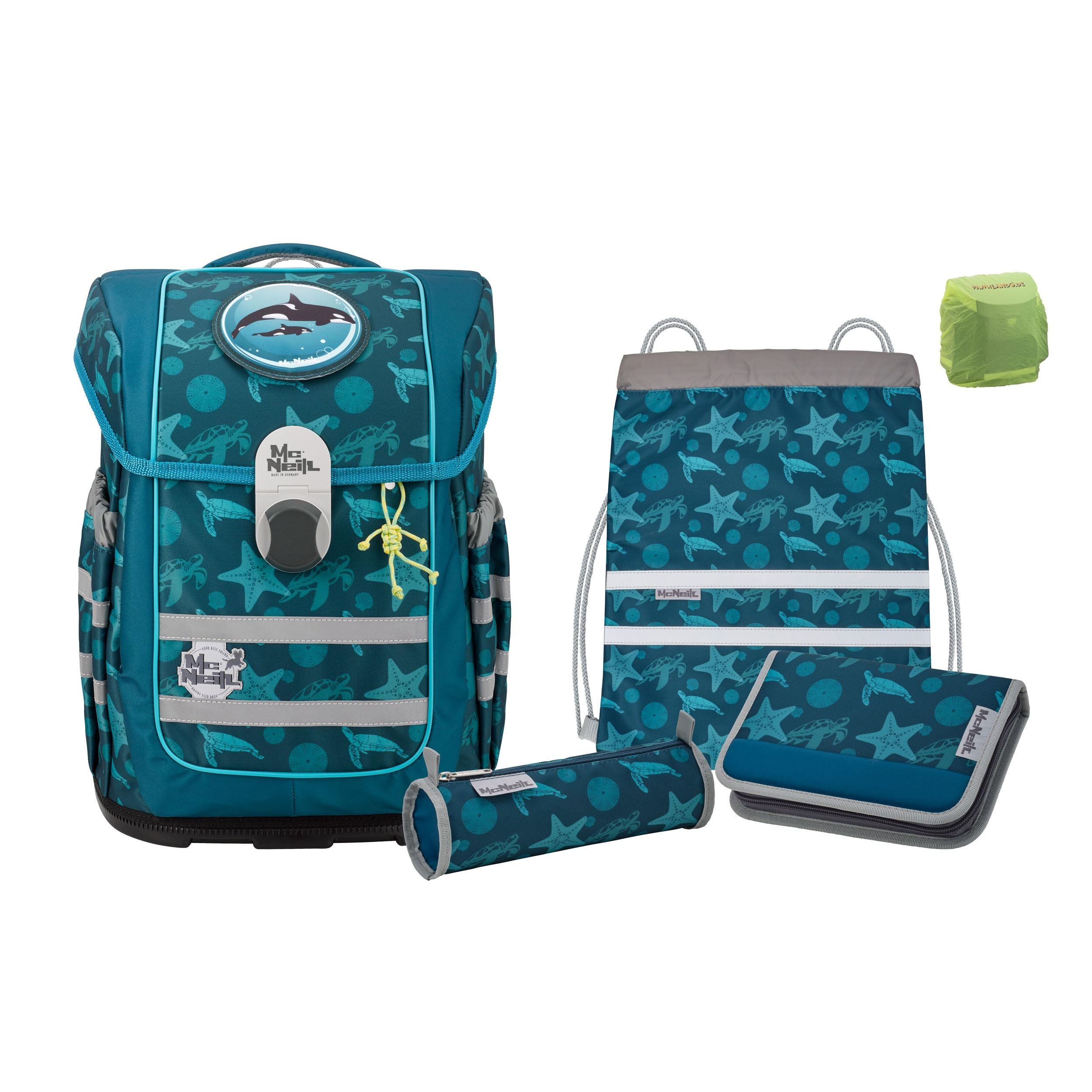 Familando - McNeill Ergo Complete Schulranzen Set - 6-teilig mit Federmappe - Orca Wal - Ergonomisch & 3-Fach verstellbar - 1150g leicht mit 20L Volumen & Reflektoren - aus recyceltem Ocean Plastic