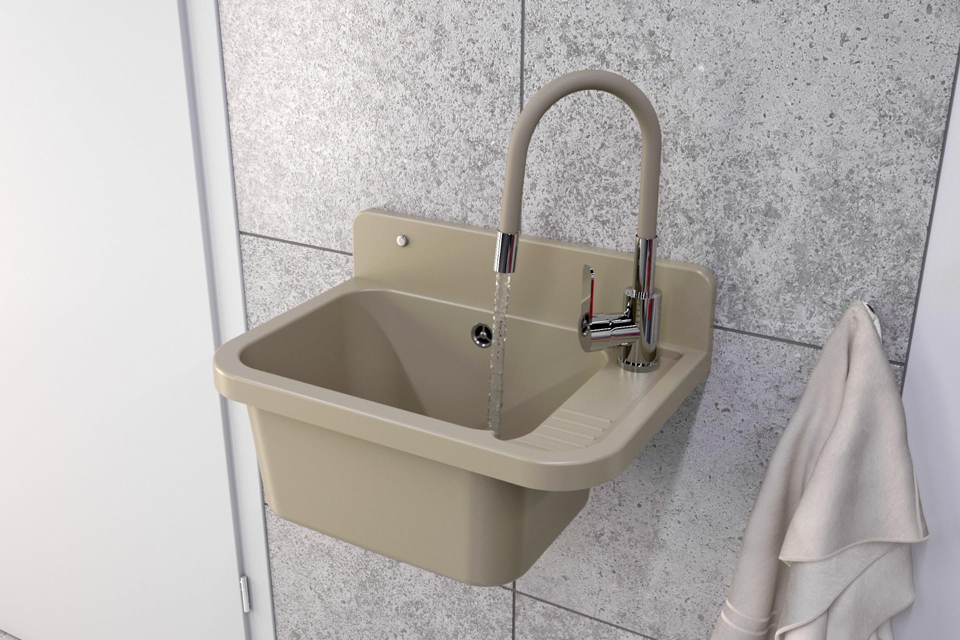 Granitan Umywalka do garażu, piwnicy, warsztatu i pralni – uniwersalne koryto z syfonem – umywalka do montażu na ścianie – 50 x 34 x 31 cm (beżowa + armatura umywalkowa FLEX)