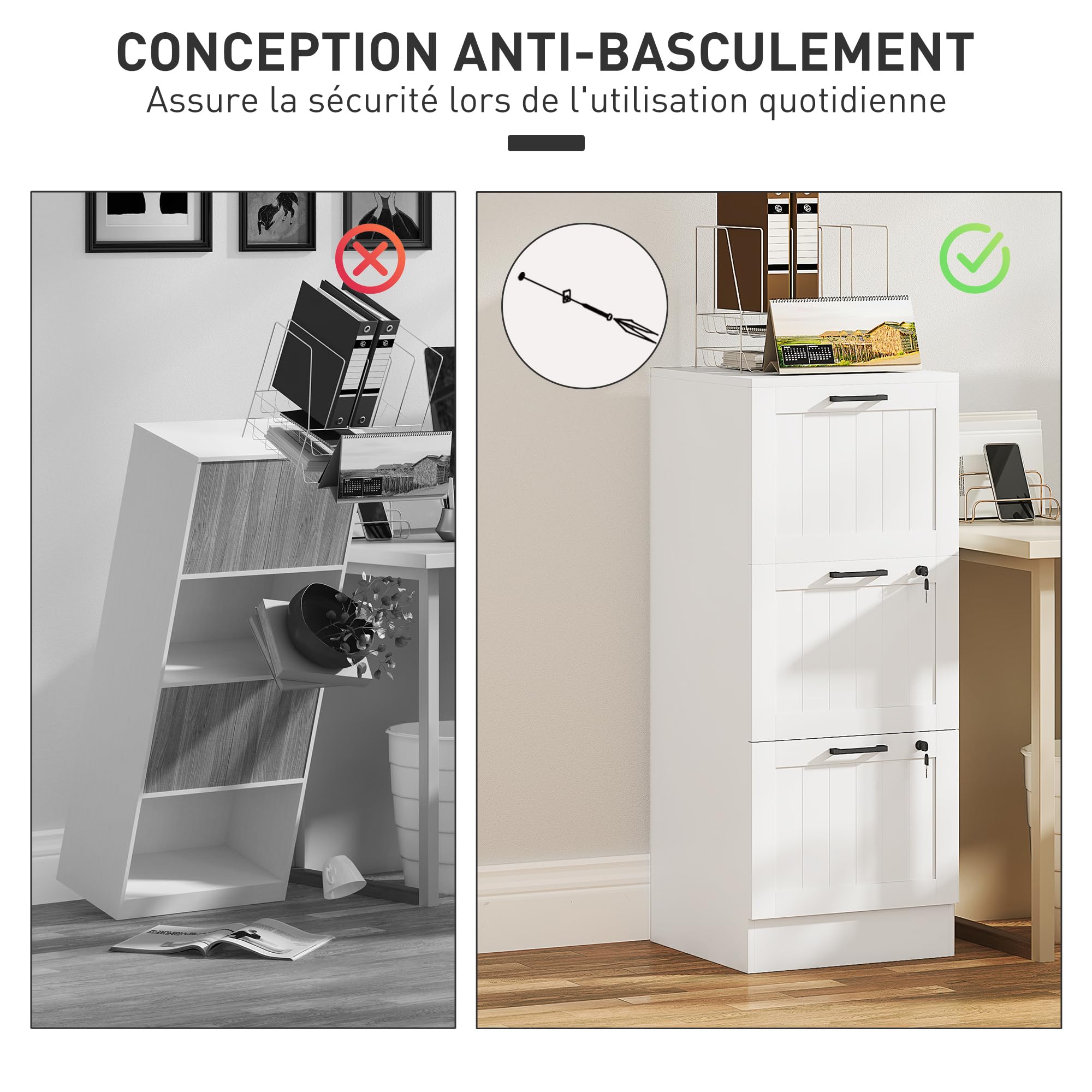 HOMCOM Cassettiera da scrivania con 3 cassetti e serrature, mobile per ufficio con barre di sospensione regolabili per documenti, cassettiera compatta per ufficio o camera da letto, 40x40x101 cm