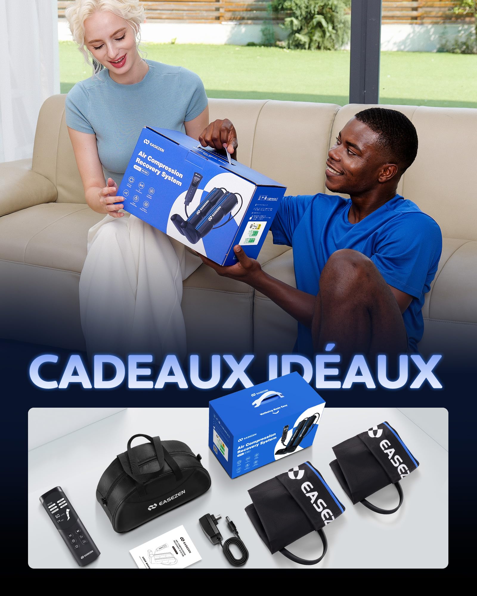 EaseZen Massage des Jambes par Compression d'air Taille M avec 6 Modes et 11 Niveaux d'intensité pour Améliorer la Circulation Sanguine et Soulager la Douleur, Compression Intégrales pour Les Jambes